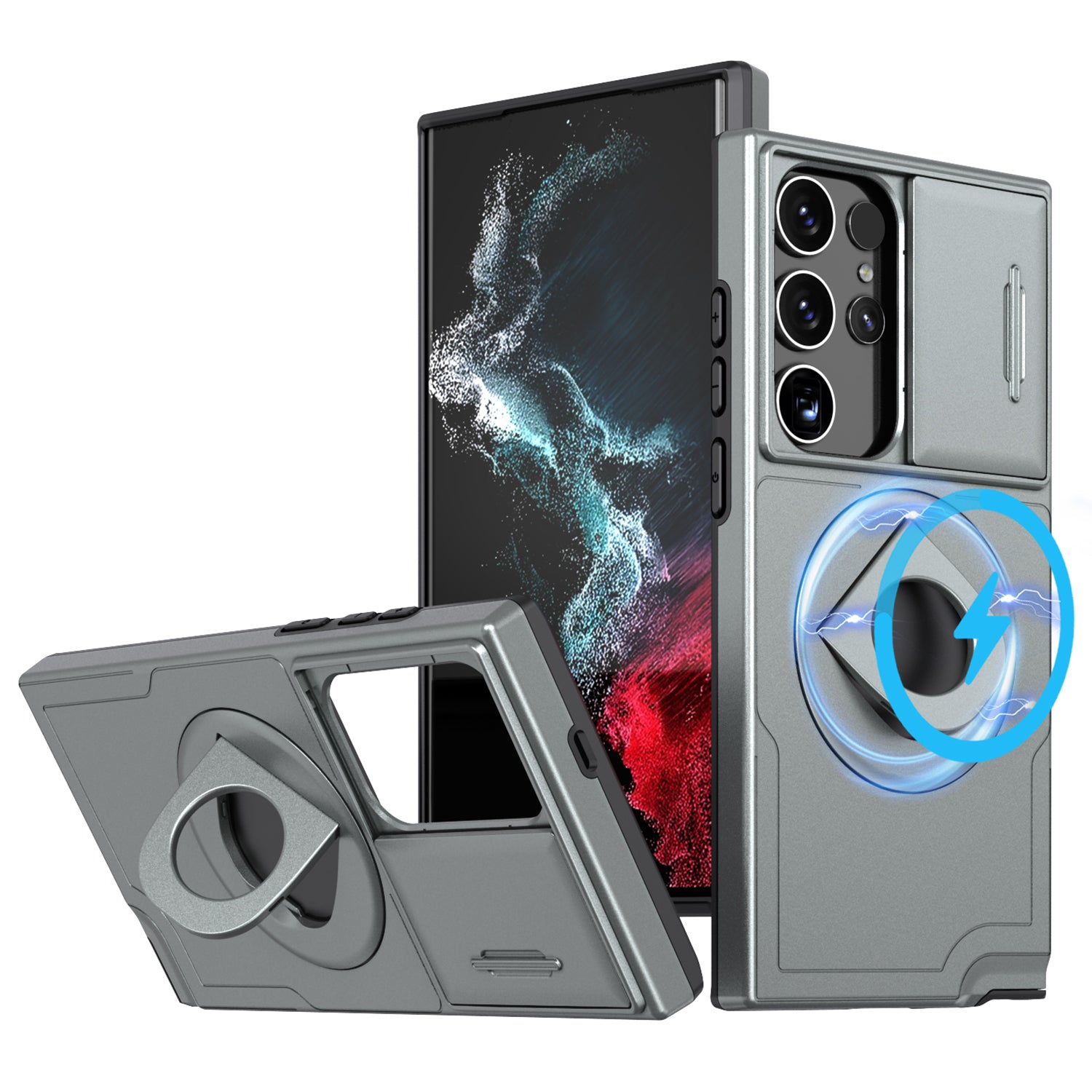 For Samsung Galaxy S22 Ultra 5G Magnetic Case Slide Lens Window N52 Magnet+PC+TPU Phone Cover - Black