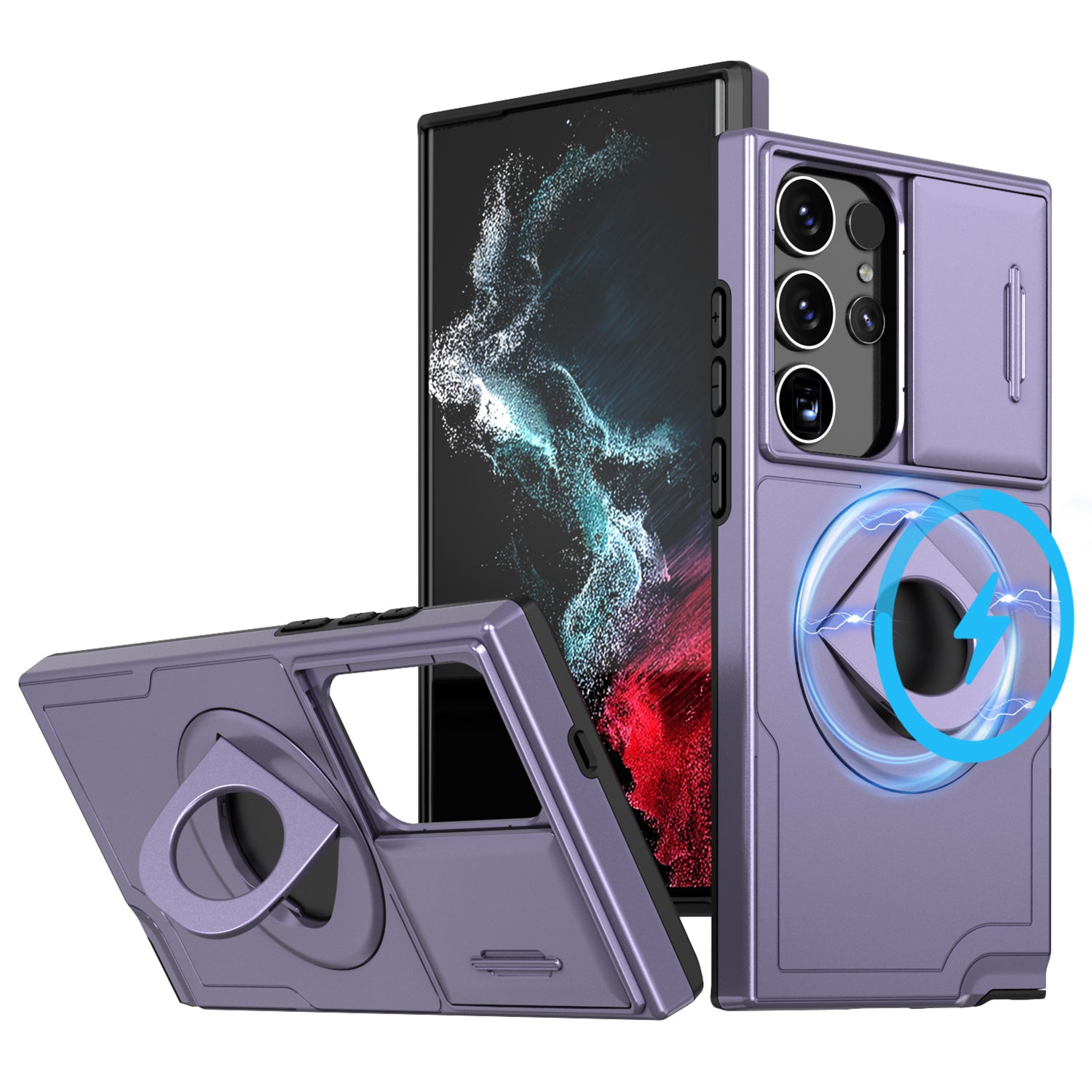 For Samsung Galaxy S22 Ultra 5G Magnetic Case Slide Lens Window N52 Magnet+PC+TPU Phone Cover - Black