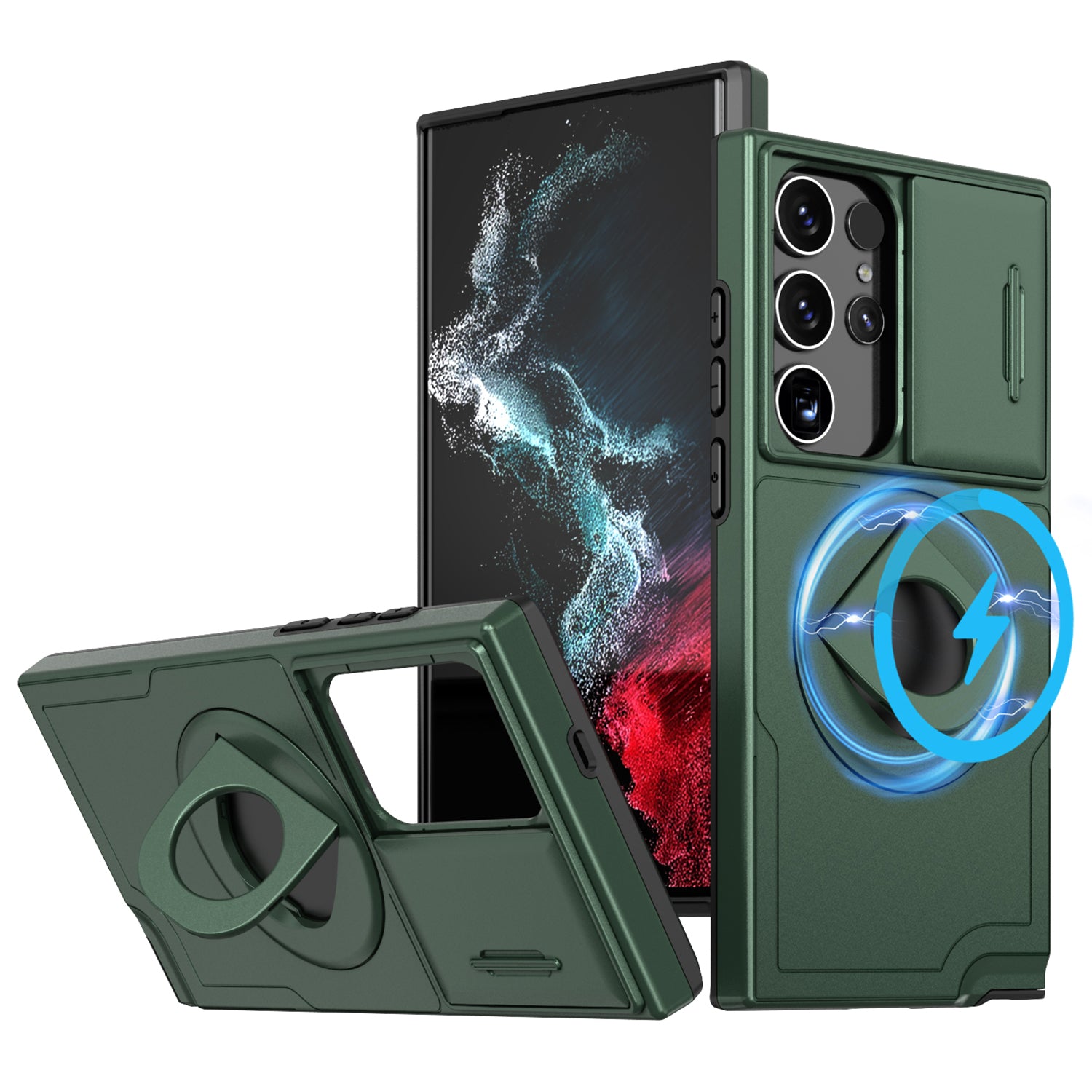 For Samsung Galaxy S23 Ultra Magnetic Phone Case N52 Magnet+PC+TPU Drop-resistant Kickstand Cover - Blackish Green