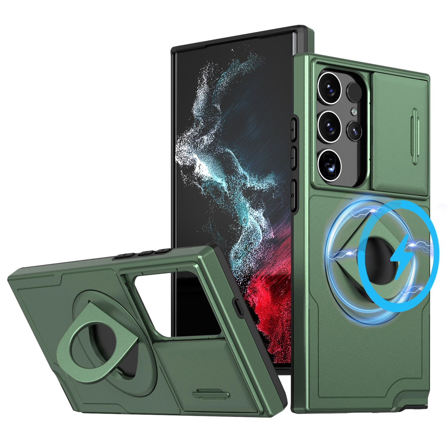 For Samsung Galaxy S23 Ultra Magnetic Phone Case N52 Magnet+PC+TPU Drop-resistant Kickstand Cover - Blackish Green
