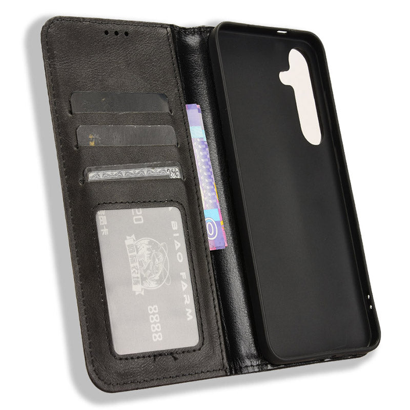 For Samsung Galaxy S24 Retro Phone Case Magnetic Closing Wallet Leather Cover - Black