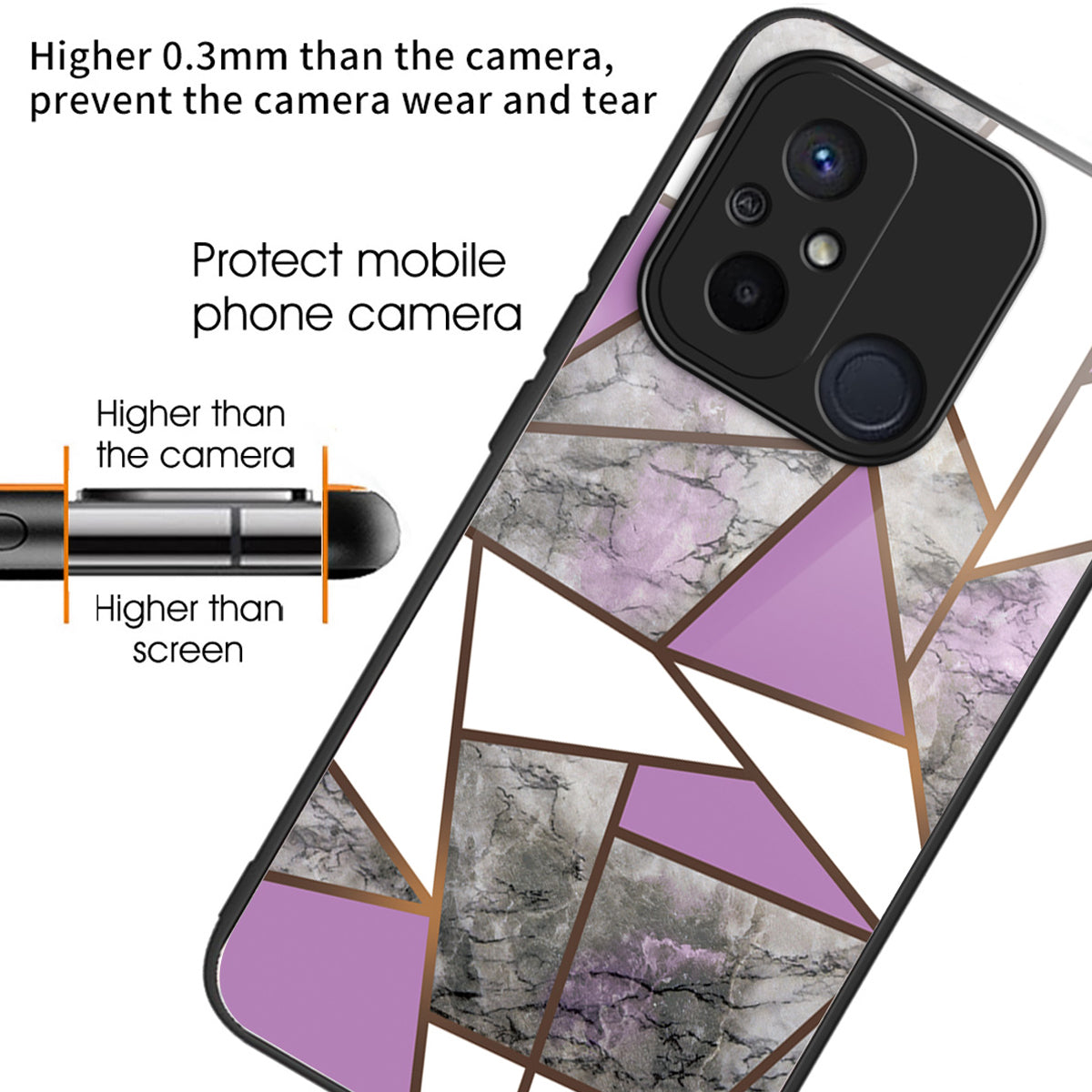 For Xiaomi Redmi 12C 4G Artistic Marble Tempered Glass Cover Shockproof Phone Case - Style A