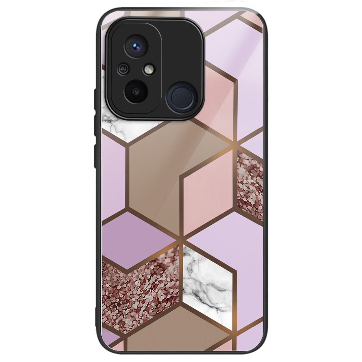 For Xiaomi Redmi 12C 4G Artistic Marble Tempered Glass Cover Shockproof Phone Case - Style A