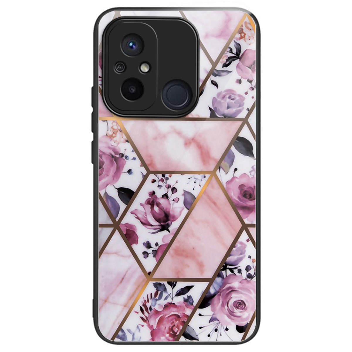 For Xiaomi Redmi 12C 4G Artistic Marble Tempered Glass Cover Shockproof Phone Case - Style A