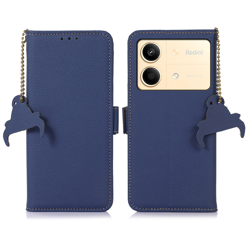 For Xiaomi Redmi Note 13R Pro 5G Wallet Case Genuine Cow Leather Phone Cover - Blue