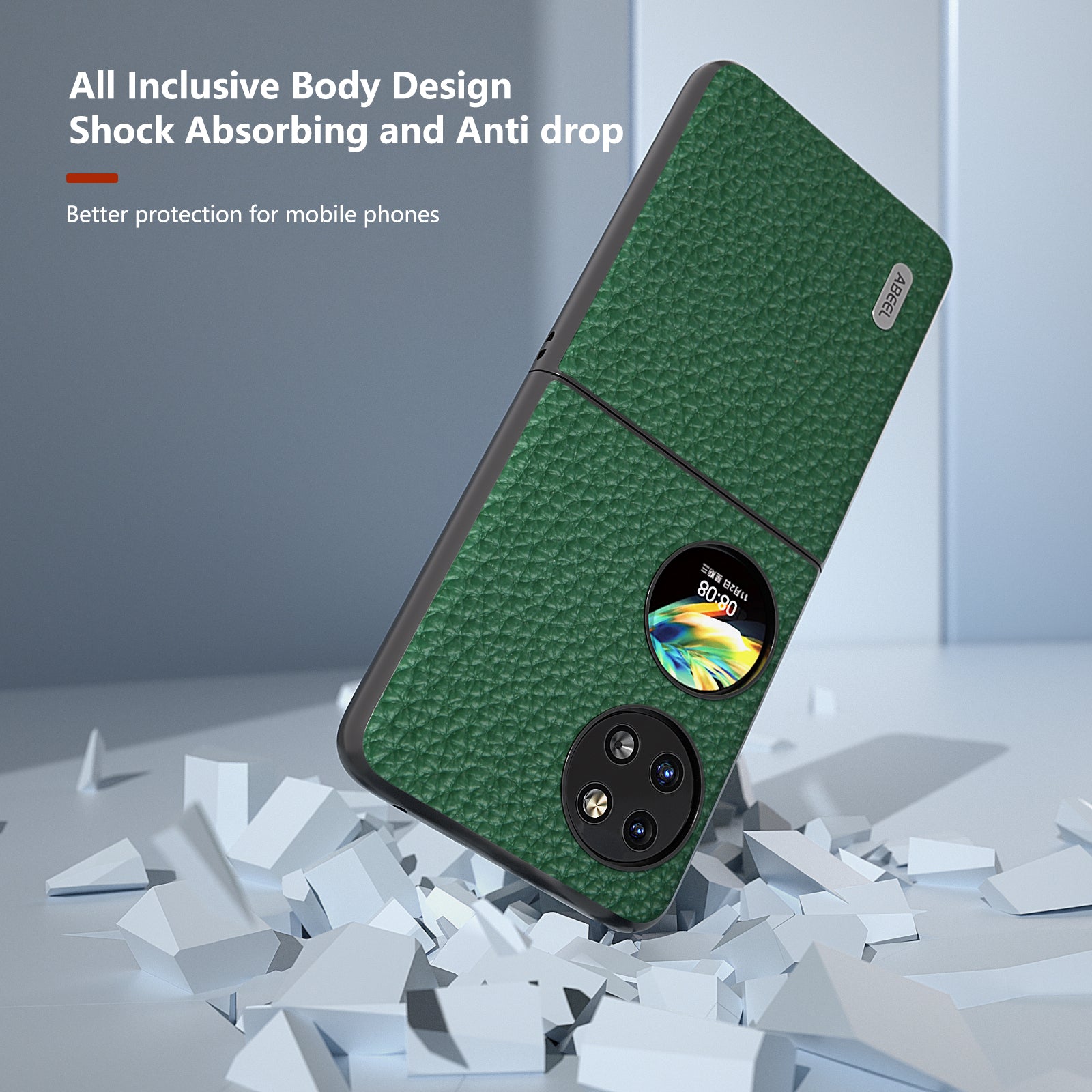 ABEEL For Huawei Pocket 2 Phone Case Genuine Cow Leather with Hard PC Inner Shell Litchi Texture - Green