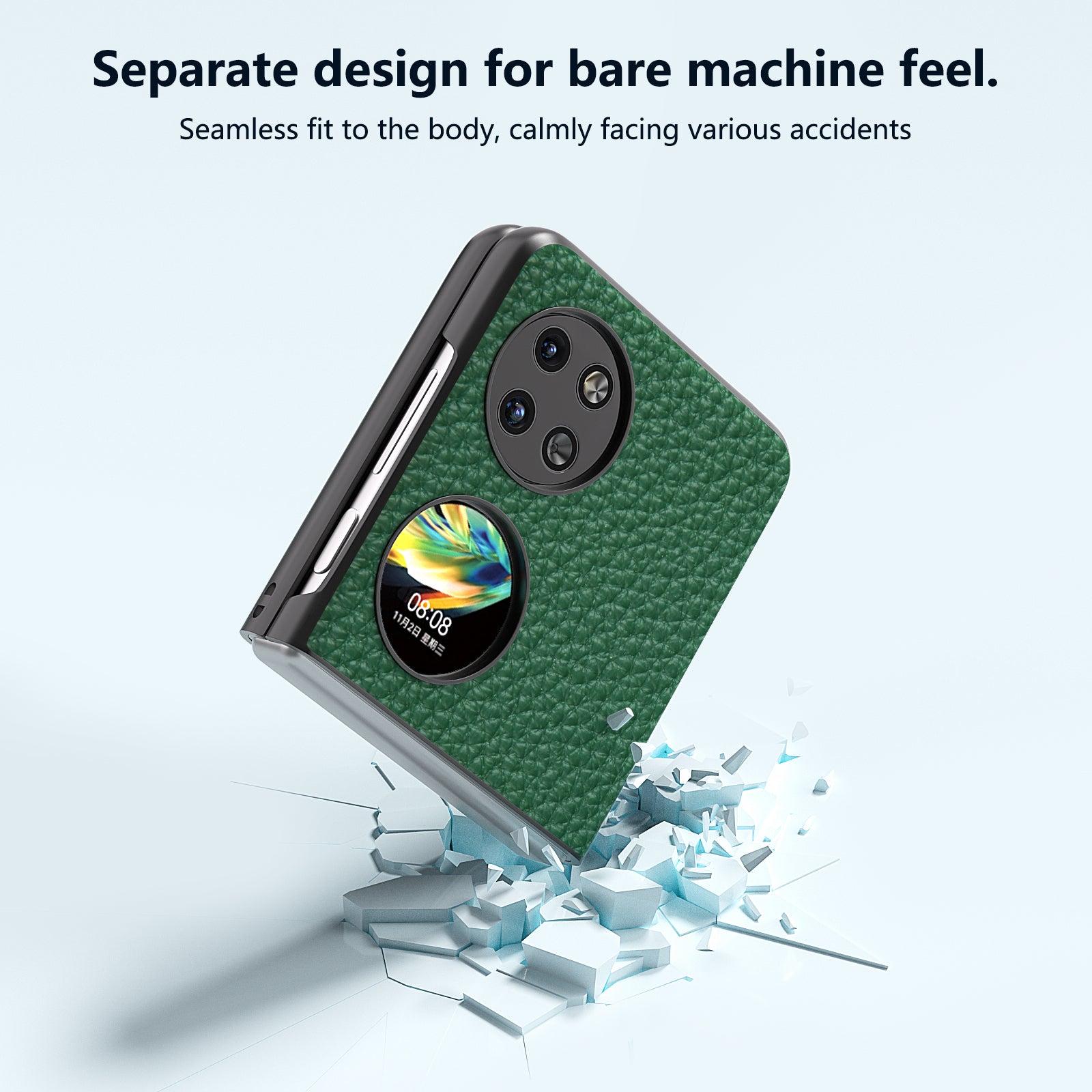 ABEEL For Huawei Pocket 2 Phone Case Genuine Cow Leather with Hard PC Inner Shell Litchi Texture - Green