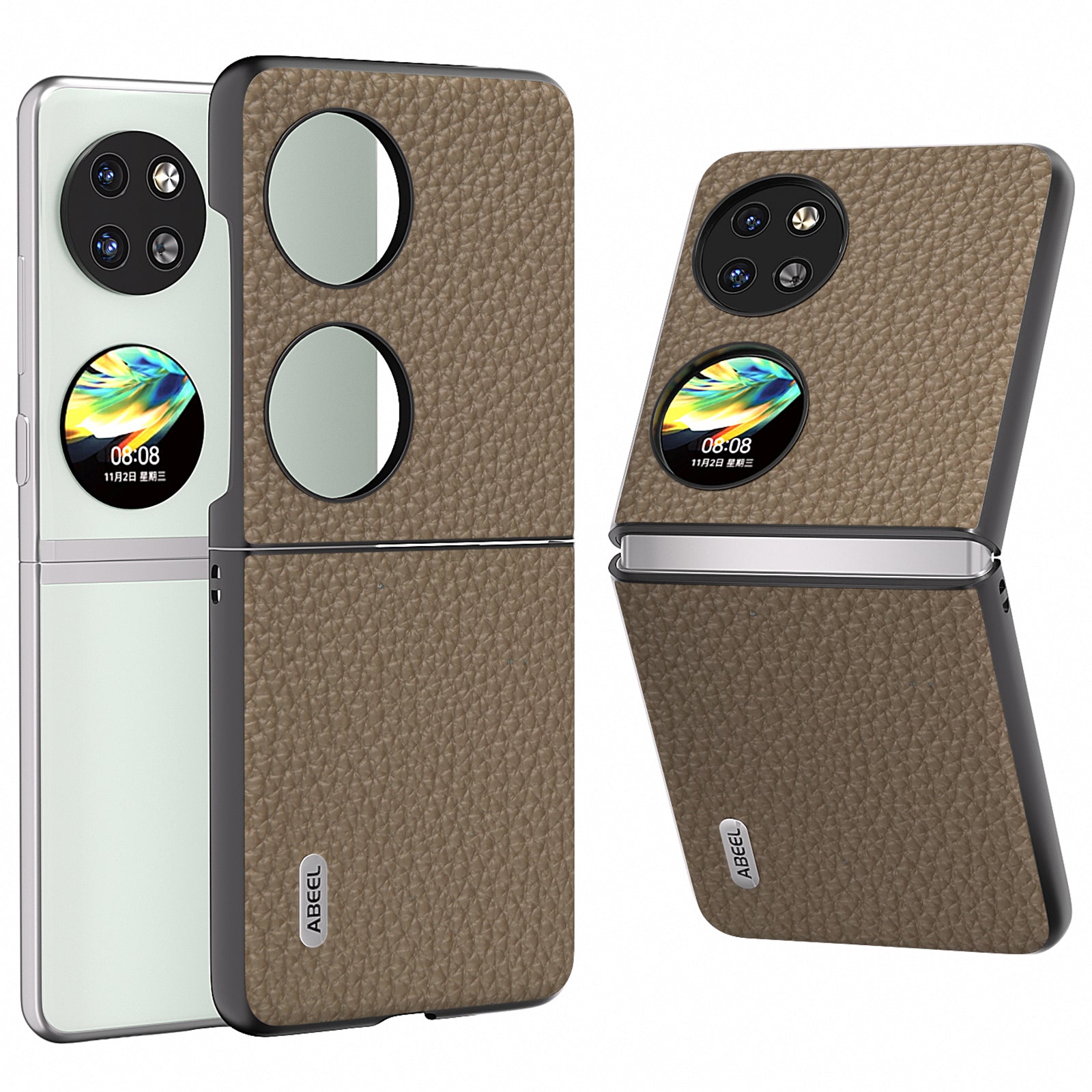ABEEL For Huawei Pocket 2 Phone Case Genuine Cow Leather with Hard PC Inner Shell Litchi Texture - Green