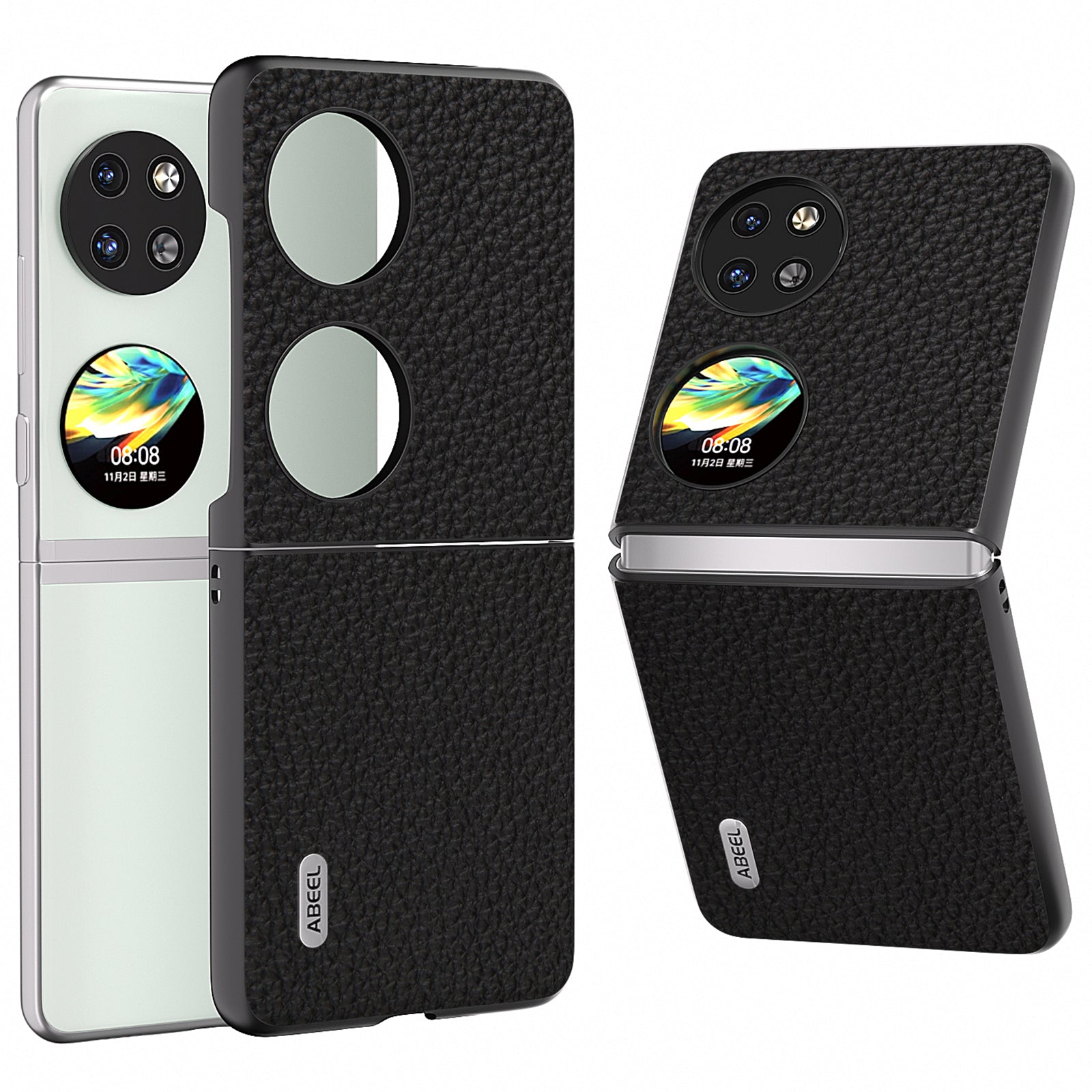 ABEEL For Huawei Pocket 2 Phone Case Genuine Cow Leather with Hard PC Inner Shell Litchi Texture - Green