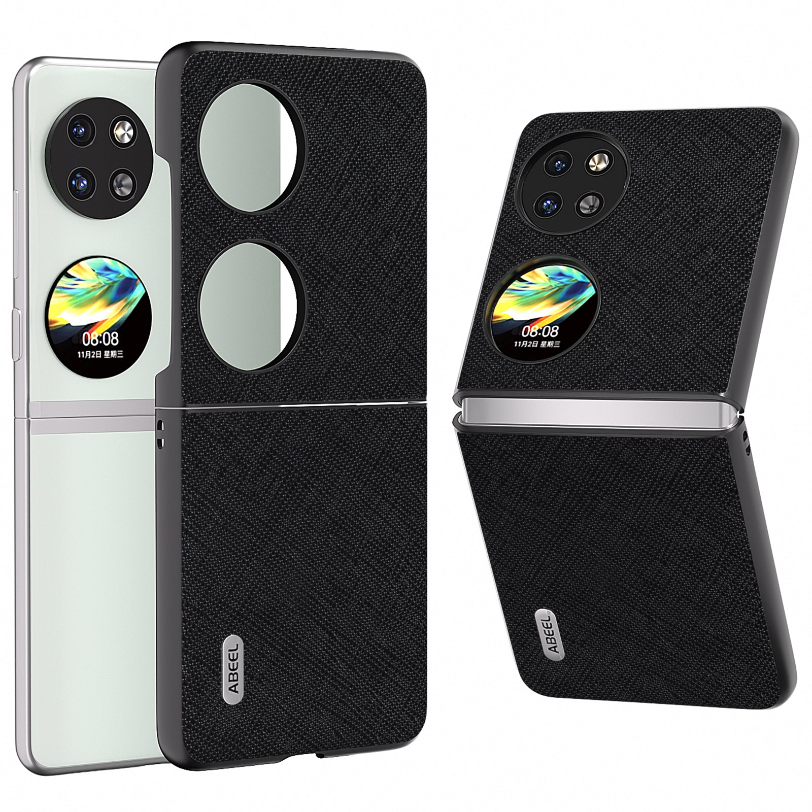 ABEEL For Huawei Pocket 2 Cross Texture Phone Case Genuine Cow Leather Back Shell - Black
