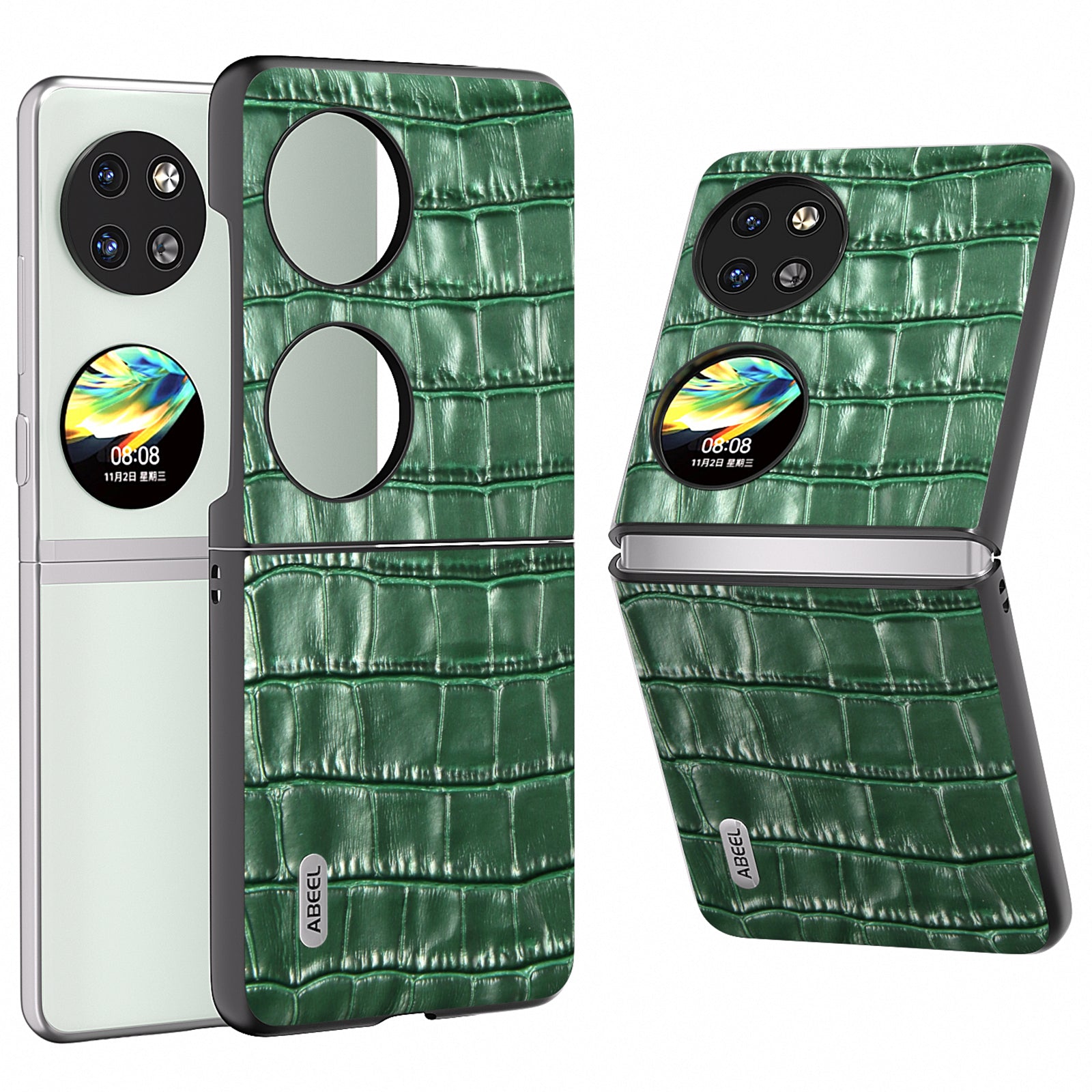 ABEEL For Huawei Pocket 2 Phone Case Genuine Cow Leather Back Shell Crocodile Texture - Green