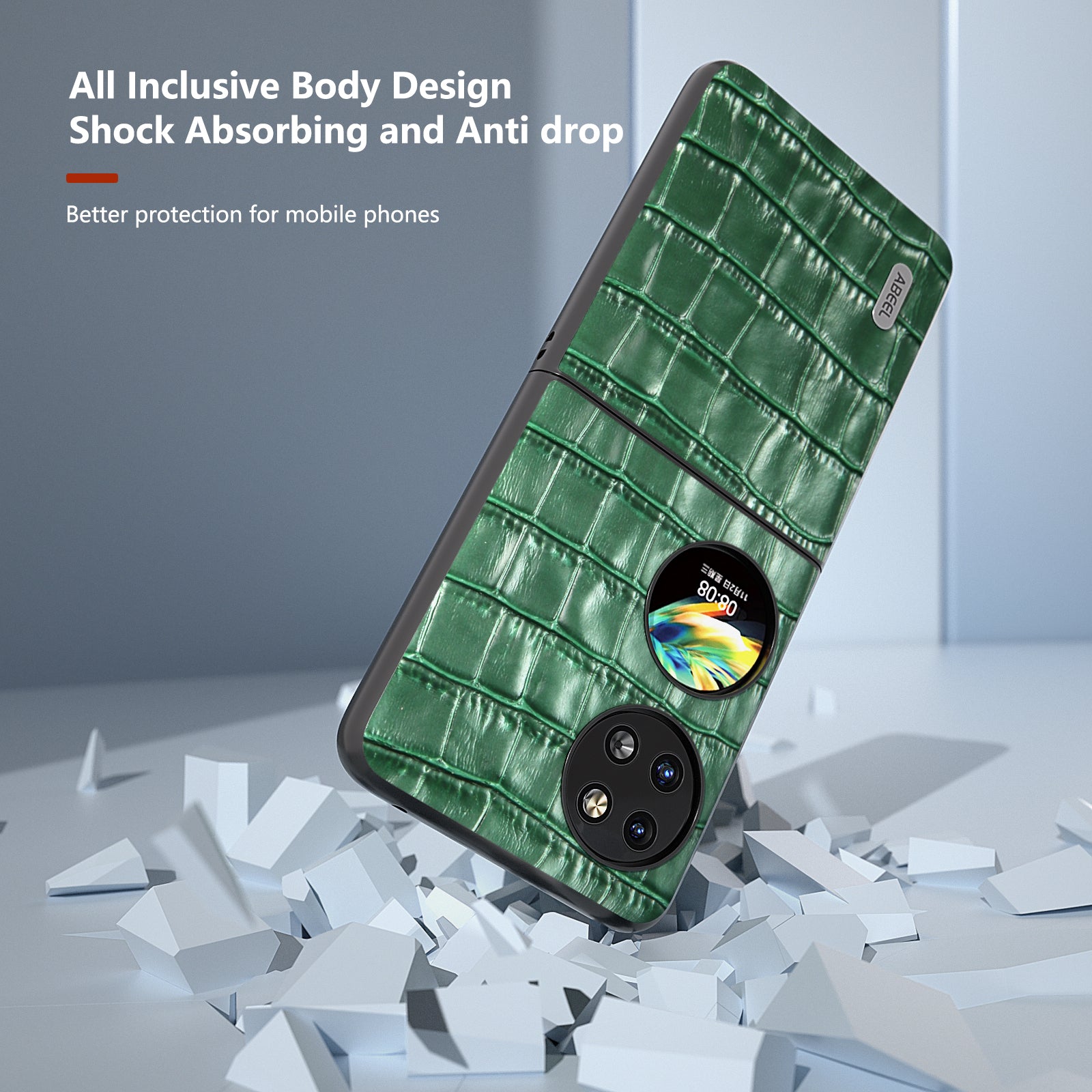 ABEEL For Huawei Pocket 2 Phone Case Genuine Cow Leather Back Shell Crocodile Texture - Green