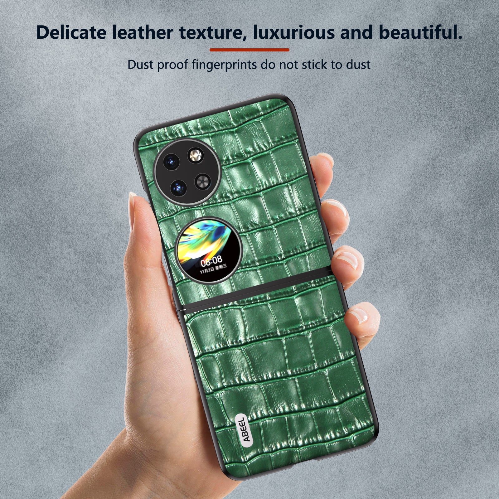 ABEEL For Huawei Pocket 2 Phone Case Genuine Cow Leather Back Shell Crocodile Texture - Green