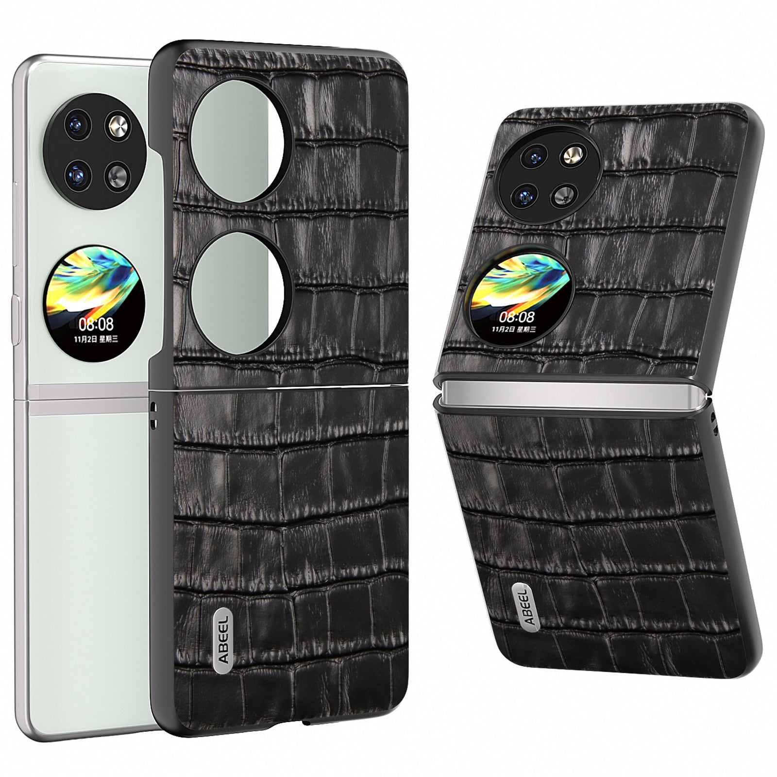 ABEEL For Huawei Pocket 2 Phone Case Genuine Cow Leather Back Shell Crocodile Texture - Green