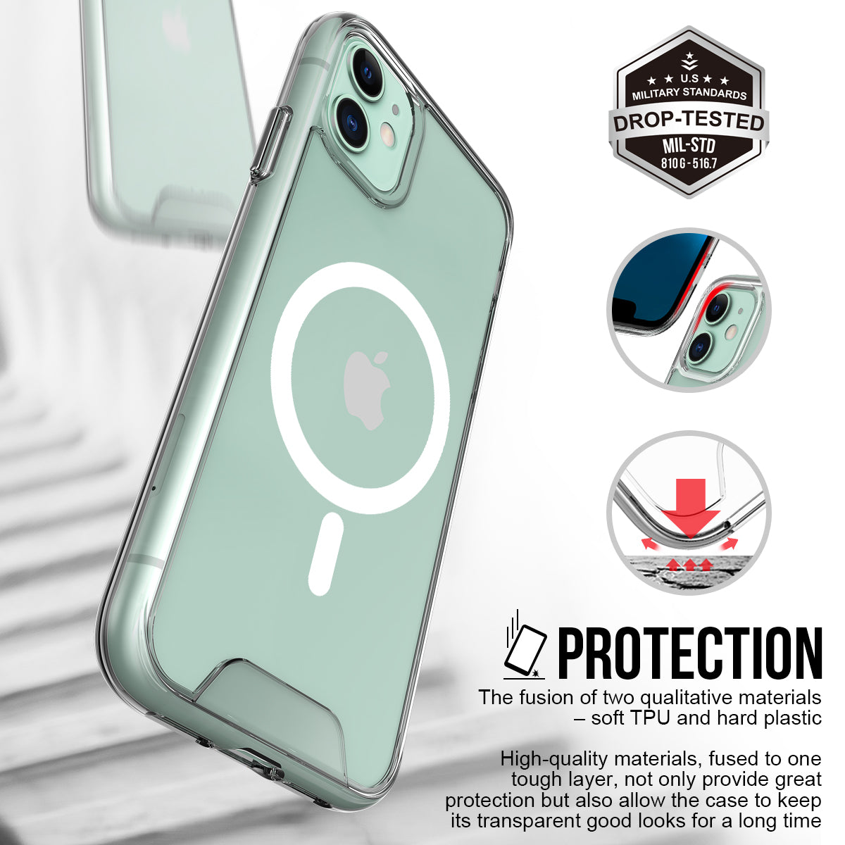 For iPhone 11 Case TPU+PC Clear Anti-drop Phone Back Protector Compatible with MagSafe