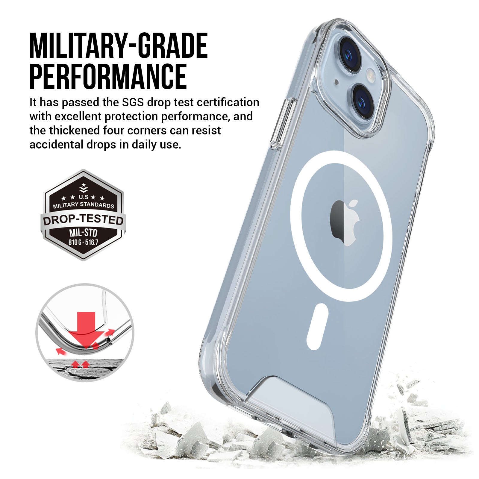 For iPhone 15 Case TPU+PC Clear Military Grade Protective Cover Compatible with MagSafe