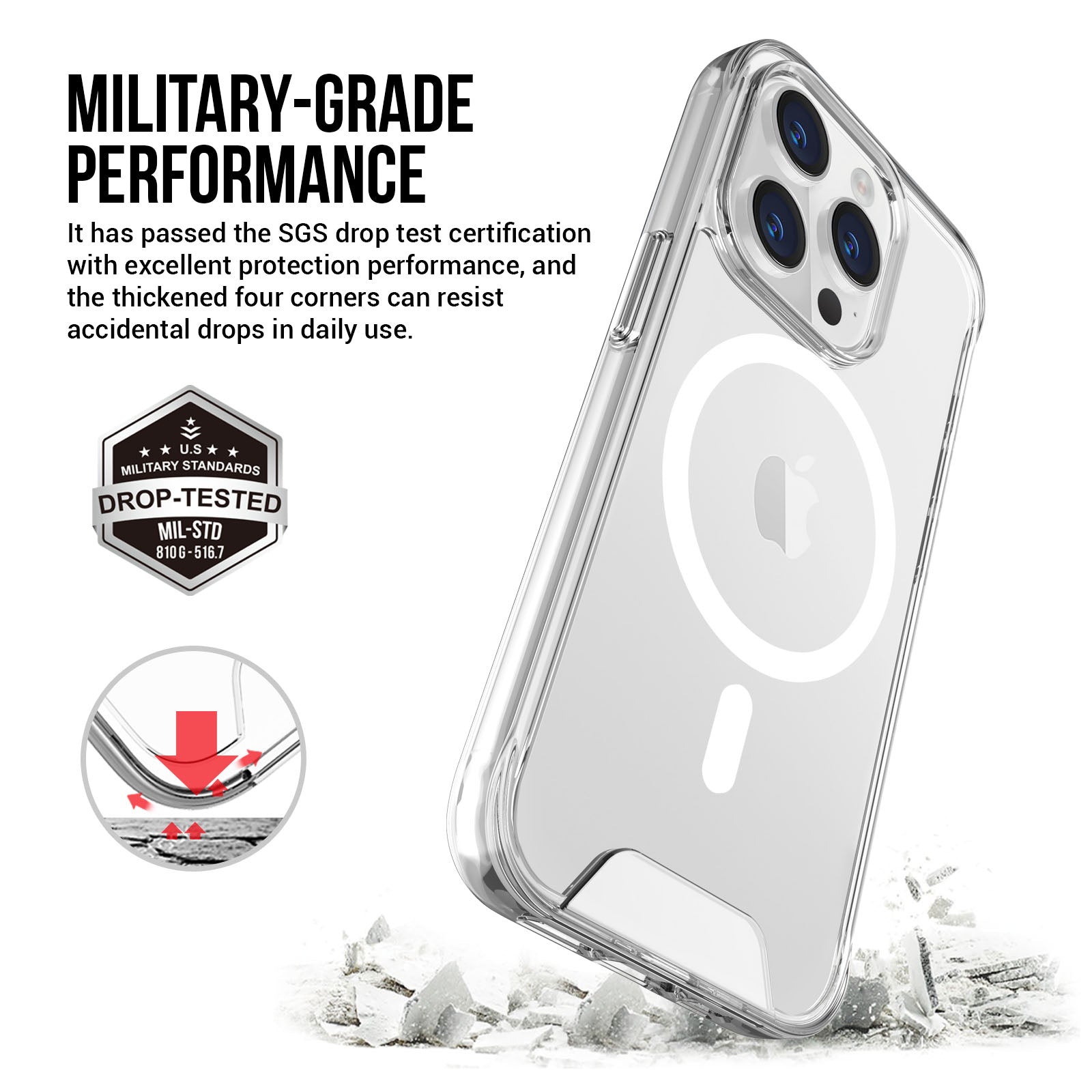 For iPhone 15 Pro Max Phone Cover Crystal-Clear Military Grade TPU+PC Case Compatible with MagSafe