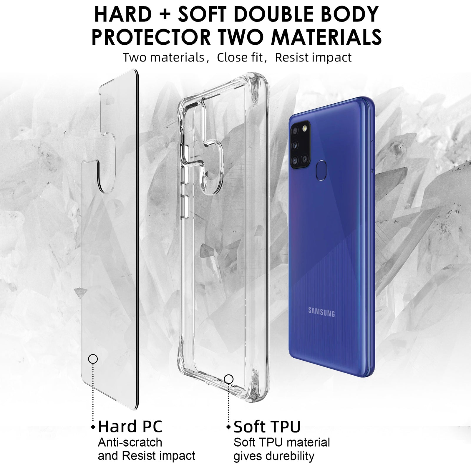 For Samsung Galaxy A21s Cell Phone Cover Anti-Scratch PC + TPU HD Transparent Phone Case