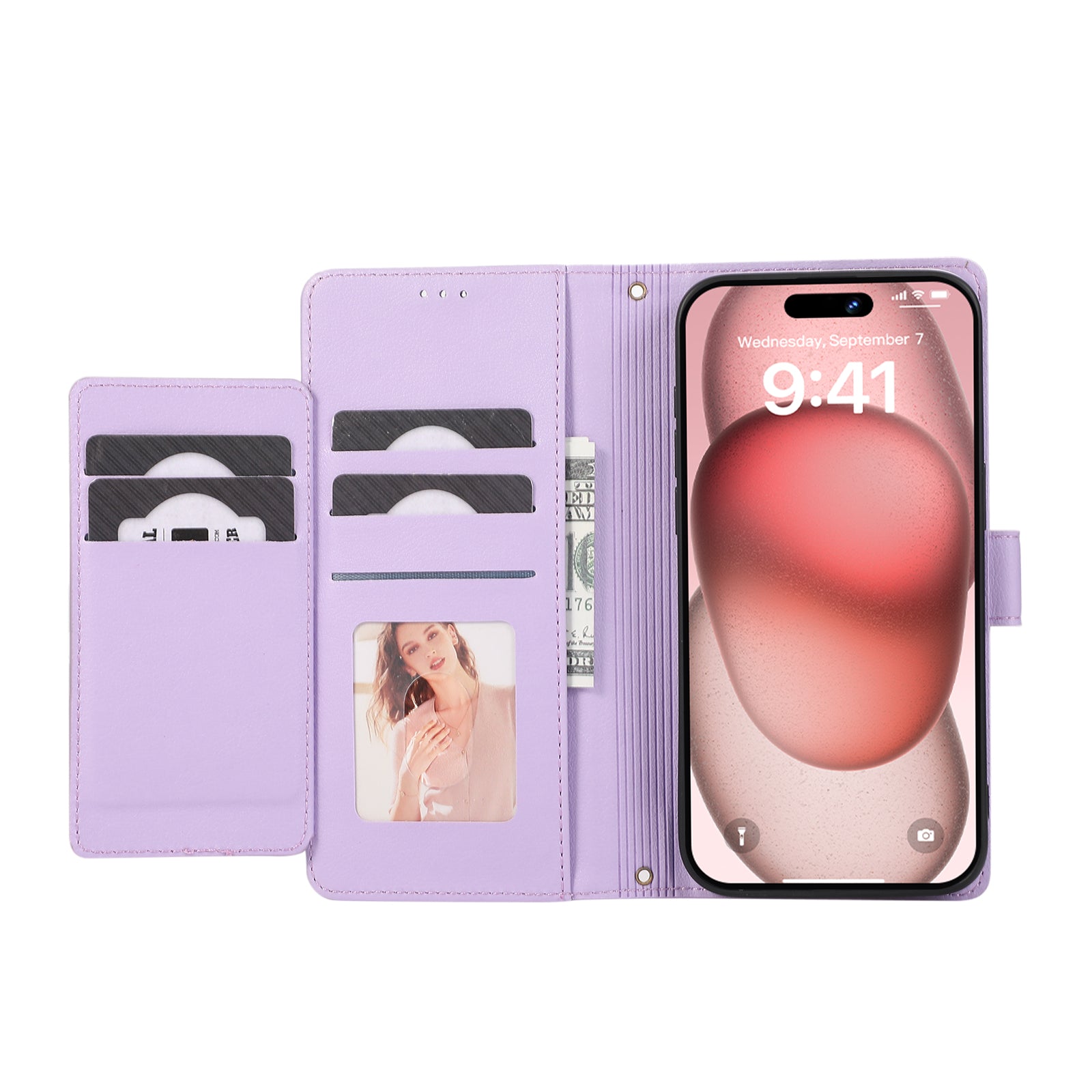 For iPhone 13 Pro Max Case Stand Wallet PU Leather Phone Cover with 2 Straps - Purple
