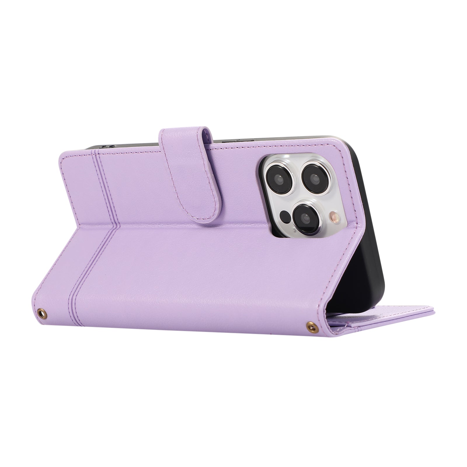 For iPhone 13 Pro Max Case Stand Wallet PU Leather Phone Cover with 2 Straps - Purple