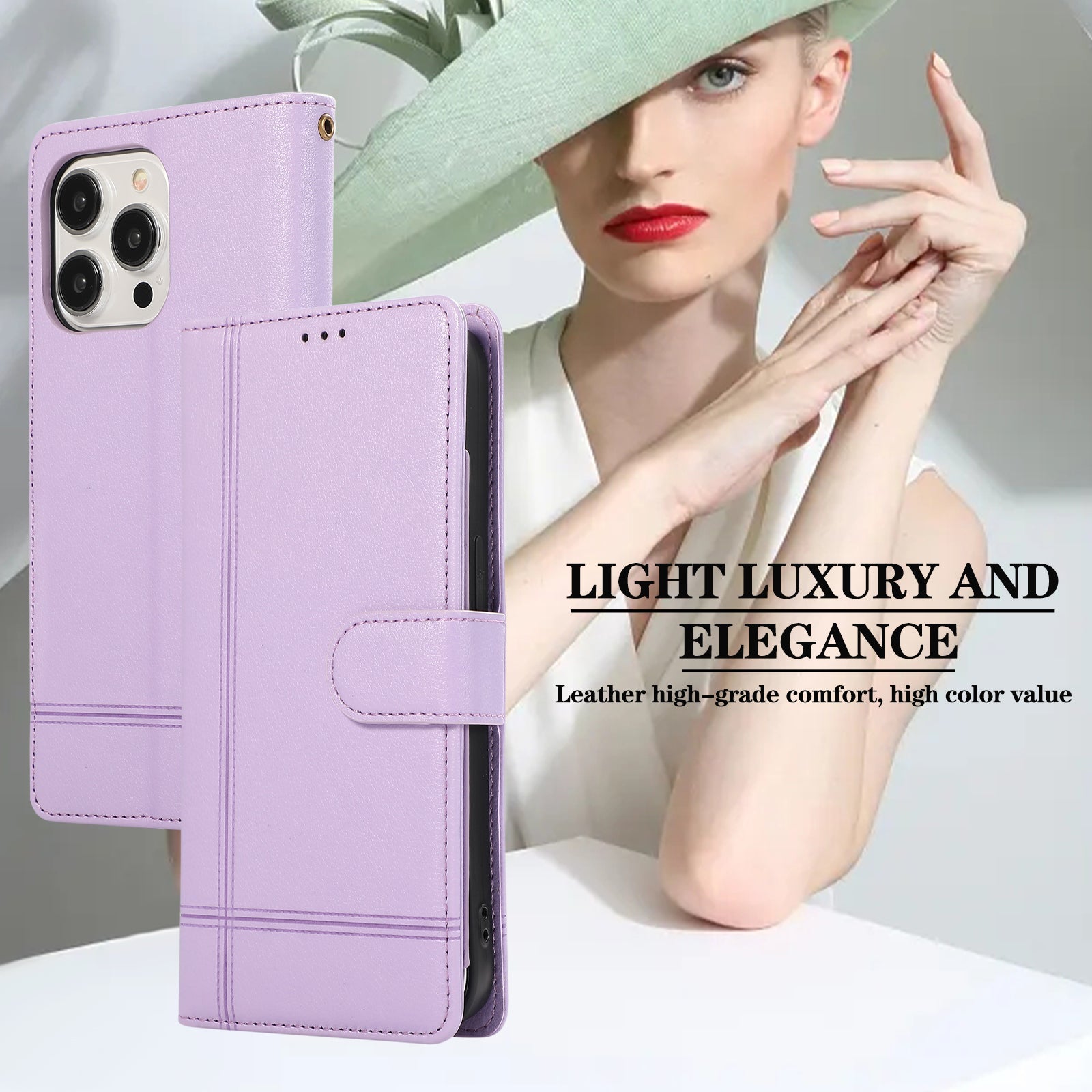 For iPhone 13 Pro Max Case Stand Wallet PU Leather Phone Cover with 2 Straps - Purple