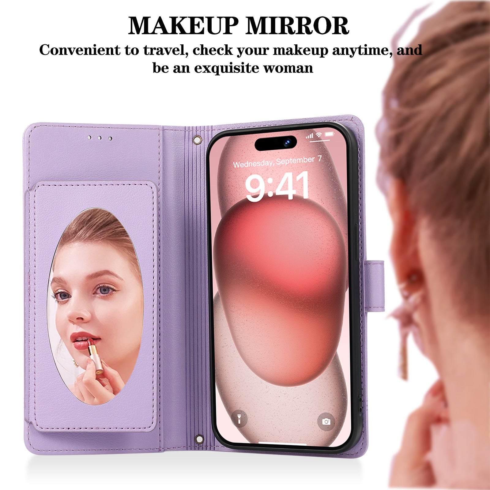 For iPhone 13 Pro Max Case Stand Wallet PU Leather Phone Cover with 2 Straps - Purple