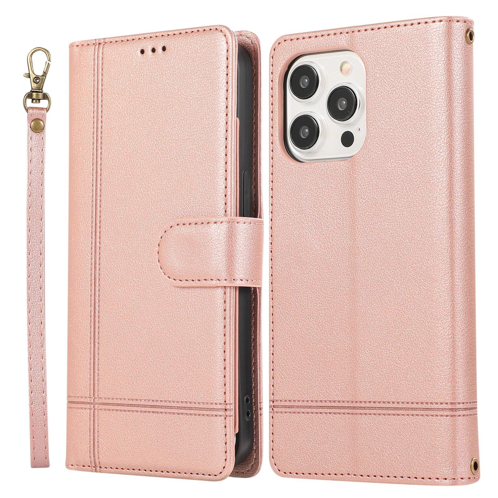 For iPhone 12 / 12 Pro 6.1 inch Case PU Leather Wallet Phone Cover with 2 Straps - Rose Gold