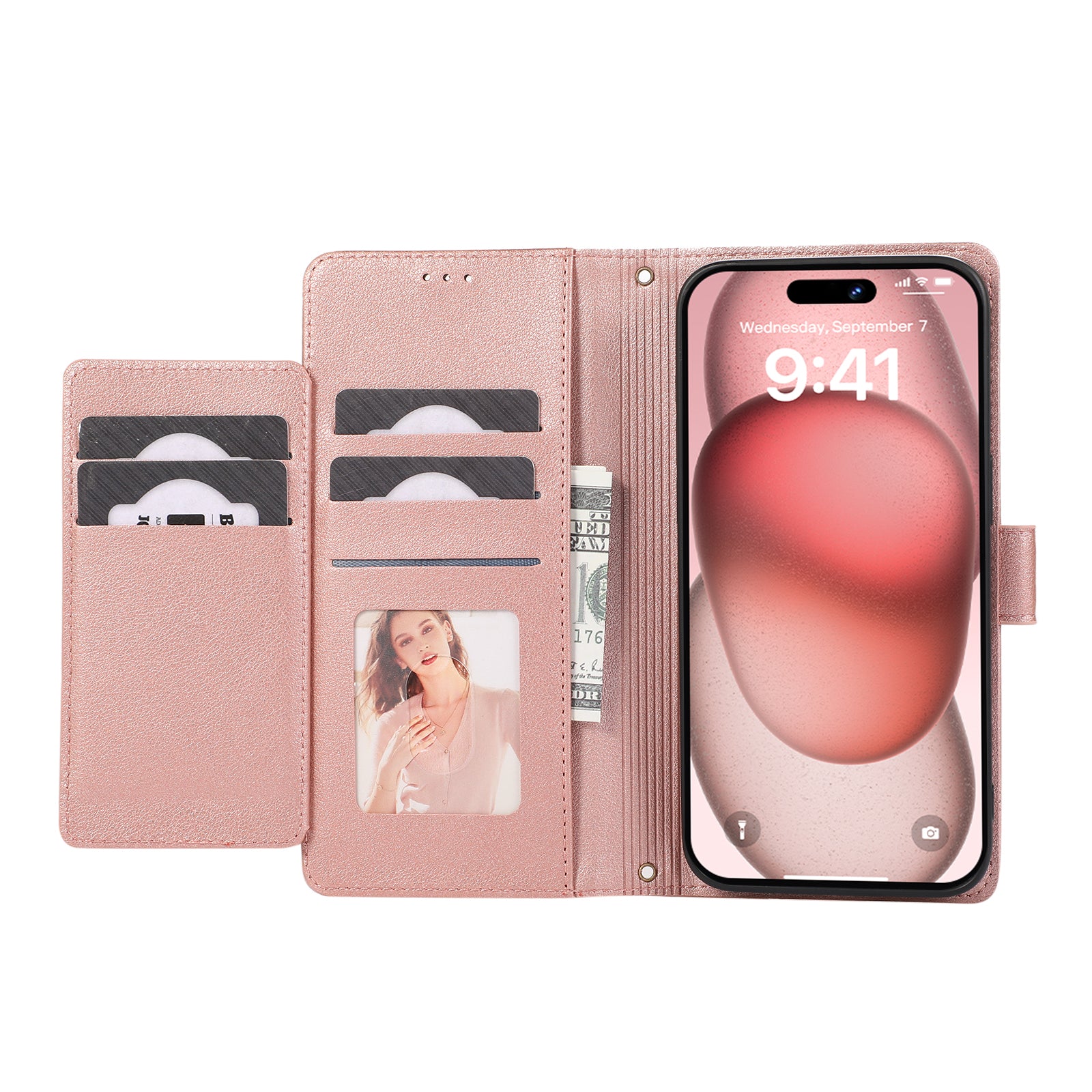 For iPhone 12 / 12 Pro 6.1 inch Case PU Leather Wallet Phone Cover with 2 Straps - Rose Gold