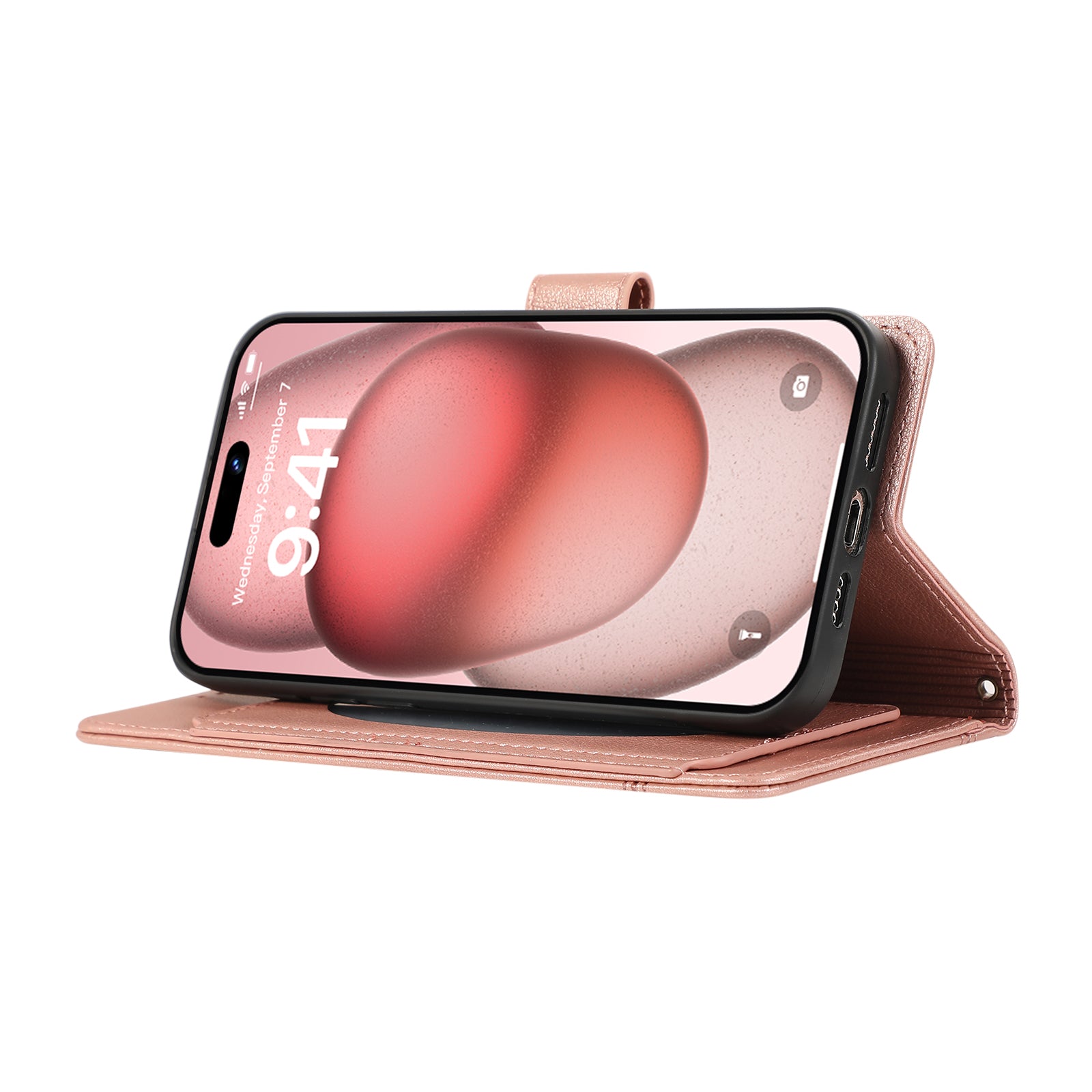 For iPhone 12 / 12 Pro 6.1 inch Case PU Leather Wallet Phone Cover with 2 Straps - Rose Gold