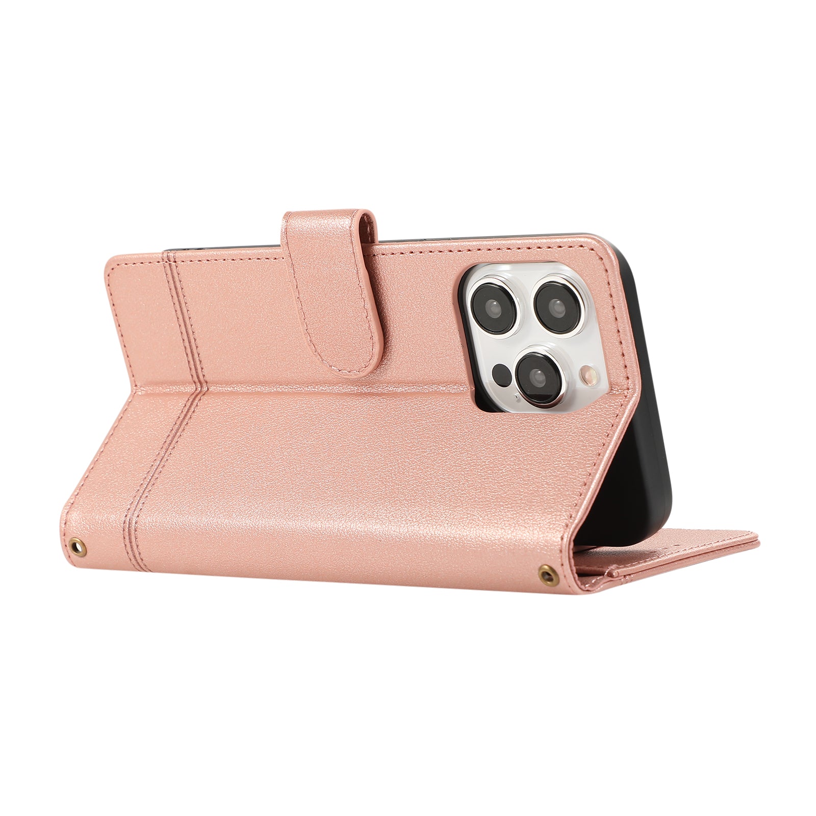 For iPhone 12 / 12 Pro 6.1 inch Case PU Leather Wallet Phone Cover with 2 Straps - Rose Gold