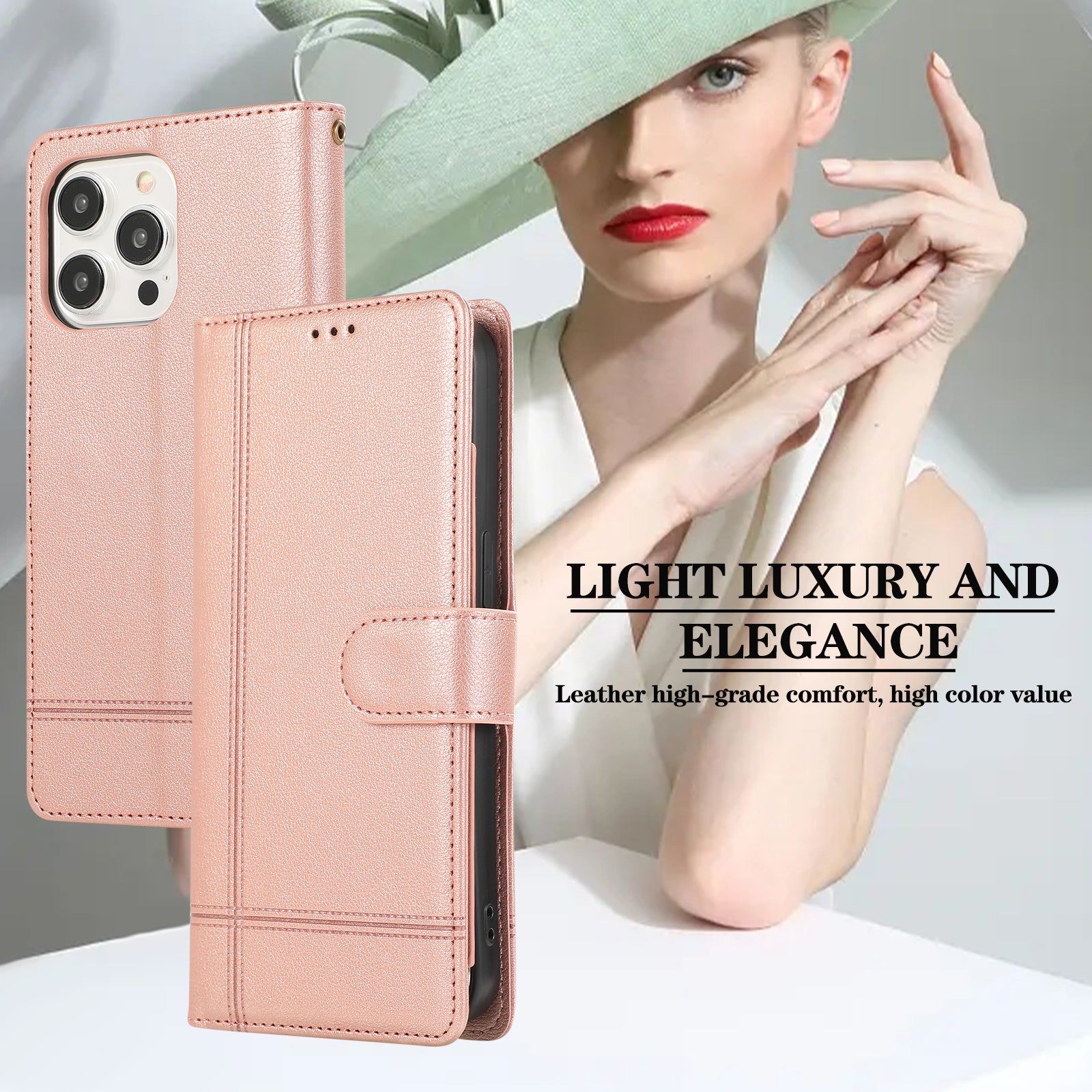 For iPhone 12 / 12 Pro 6.1 inch Case PU Leather Wallet Phone Cover with 2 Straps - Rose Gold