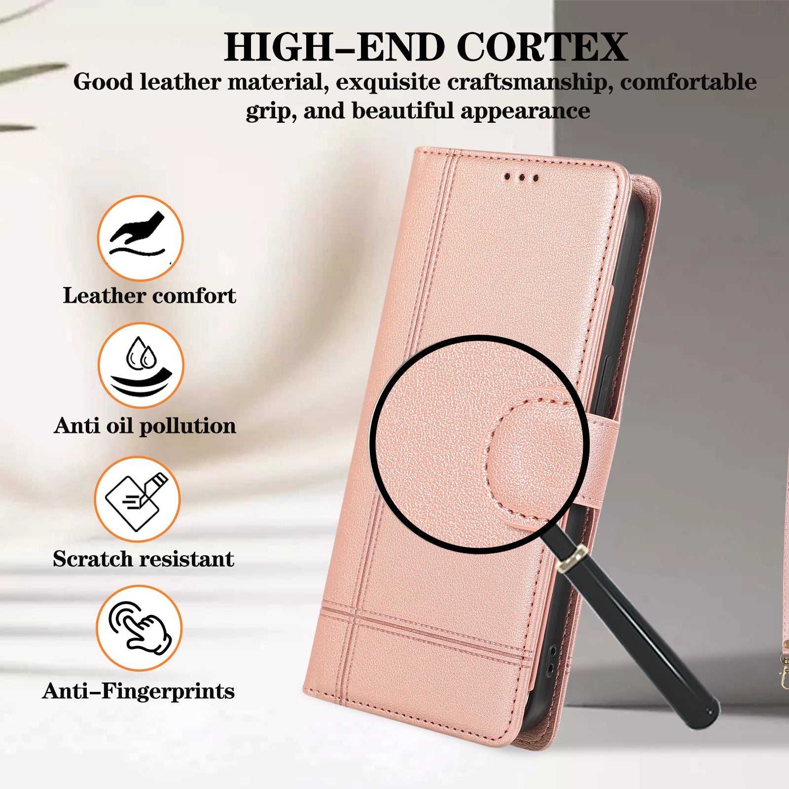 For iPhone 12 / 12 Pro 6.1 inch Case PU Leather Wallet Phone Cover with 2 Straps - Rose Gold