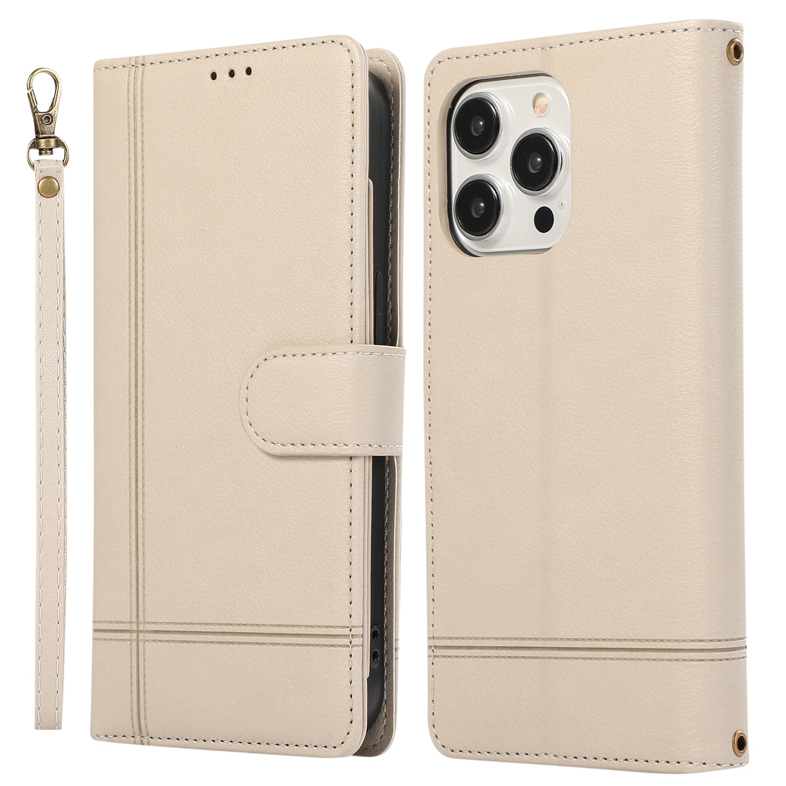 For iPhone 12 / 12 Pro 6.1 inch Case PU Leather Wallet Phone Cover with 2 Straps - Rose Gold