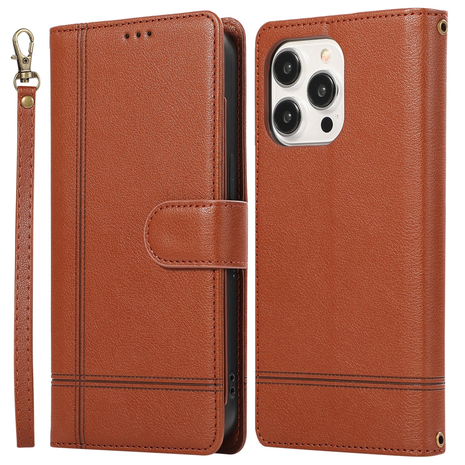 For iPhone 12 / 12 Pro 6.1 inch Case PU Leather Wallet Phone Cover with 2 Straps - Rose Gold