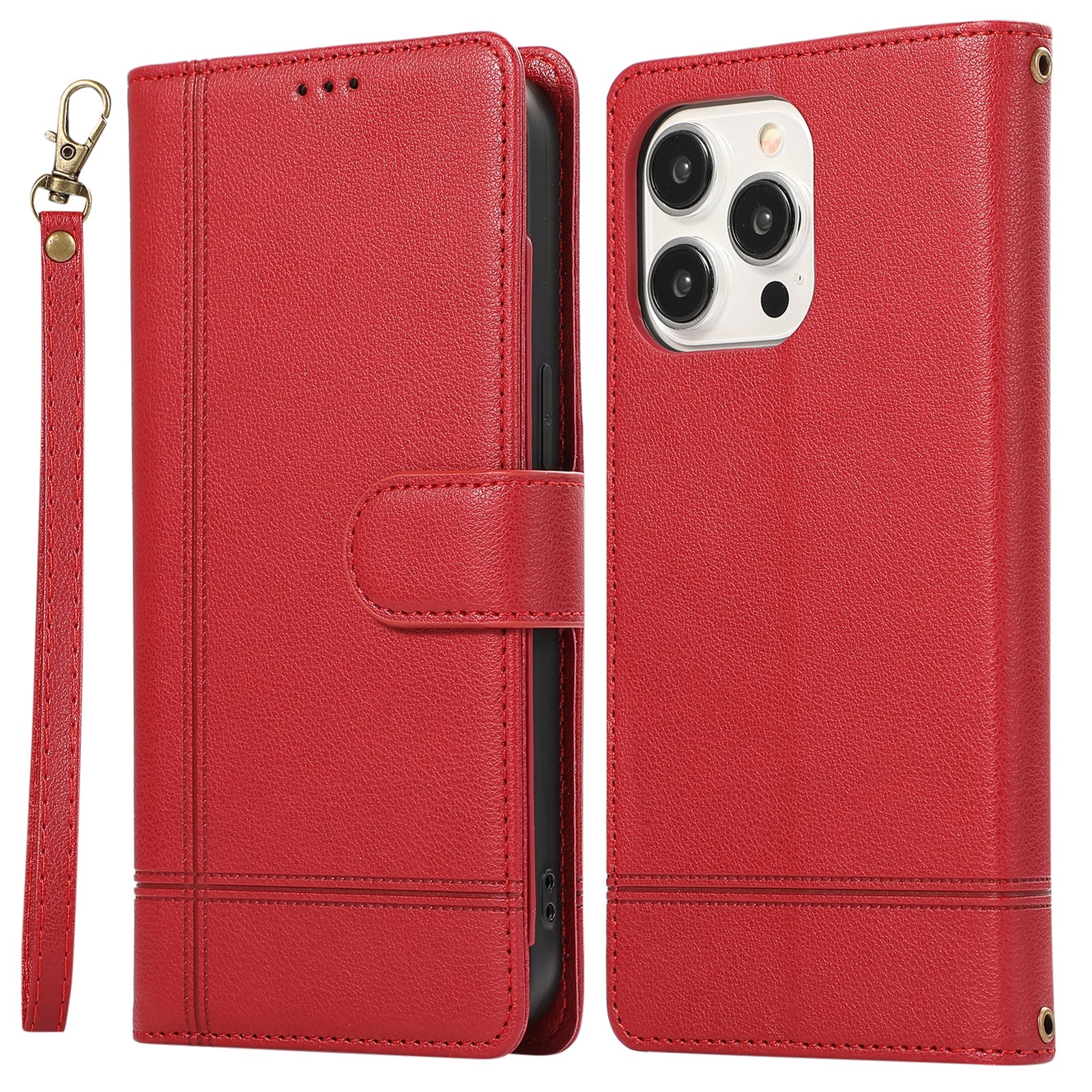 For iPhone 12 / 12 Pro 6.1 inch Case PU Leather Wallet Phone Cover with 2 Straps - Rose Gold
