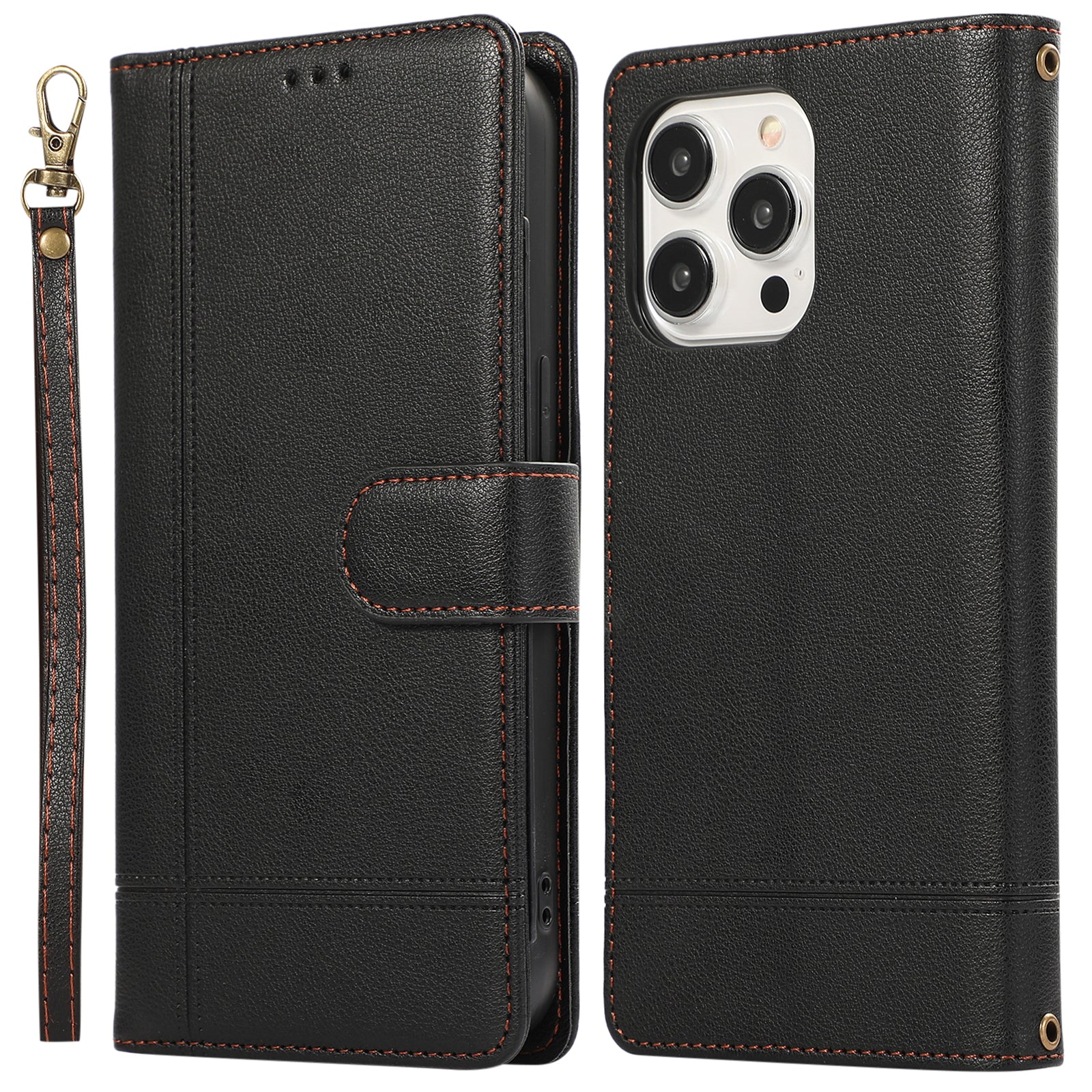 For iPhone 13 Pro 6.1 inch Cell Phone Case PU Leather Flip Cover with Mirror - Black
