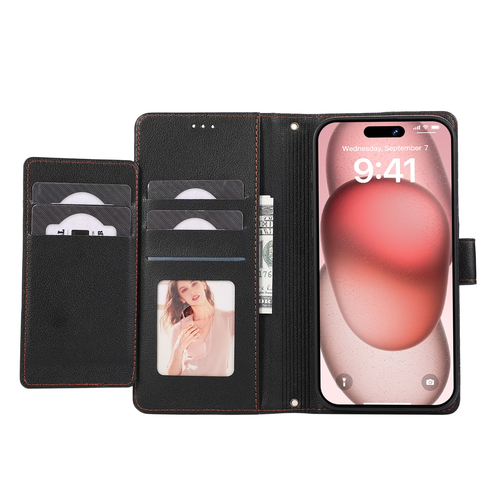 For iPhone 13 Pro 6.1 inch Cell Phone Case PU Leather Flip Cover with Mirror - Black