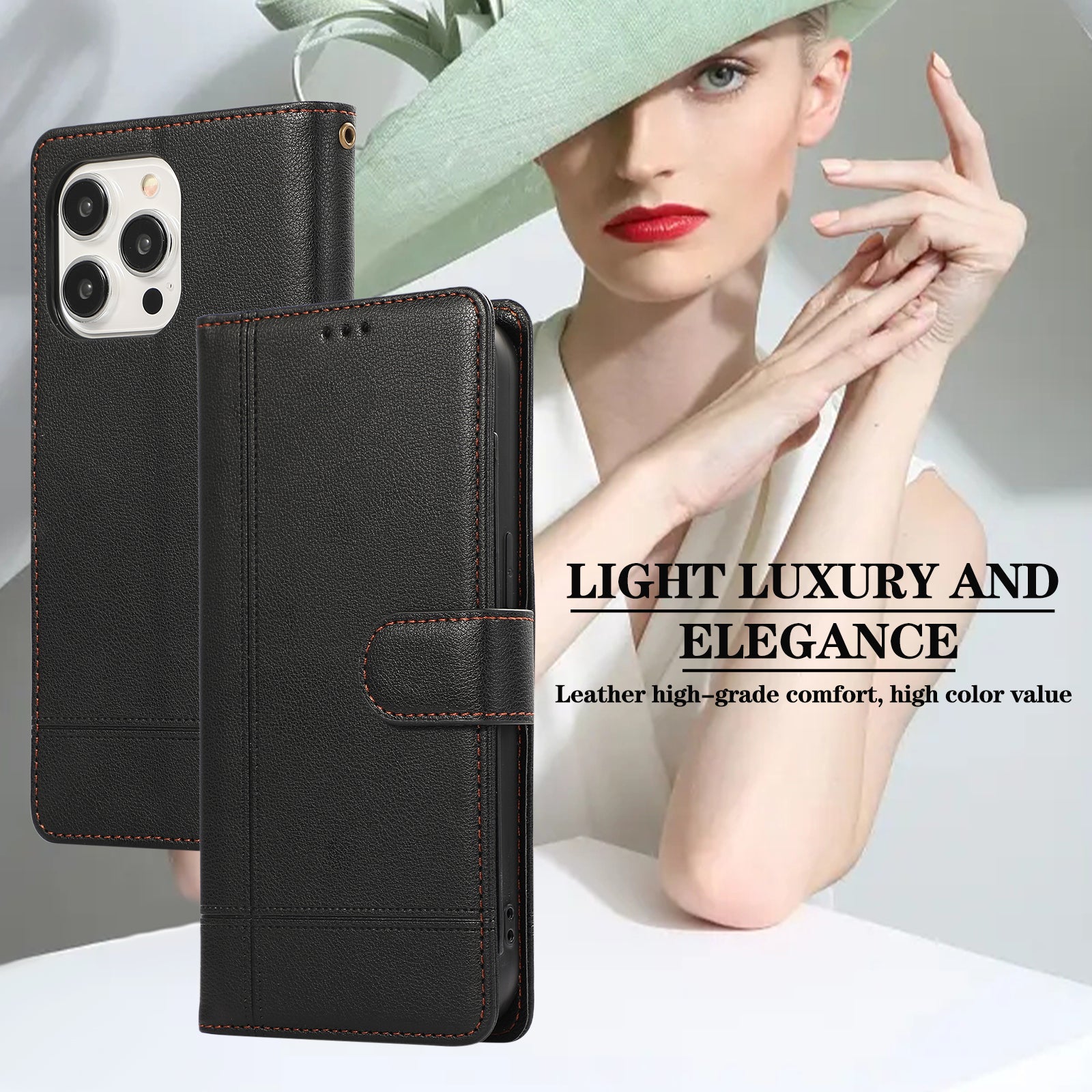 For iPhone 13 Pro 6.1 inch Cell Phone Case PU Leather Flip Cover with Mirror - Black