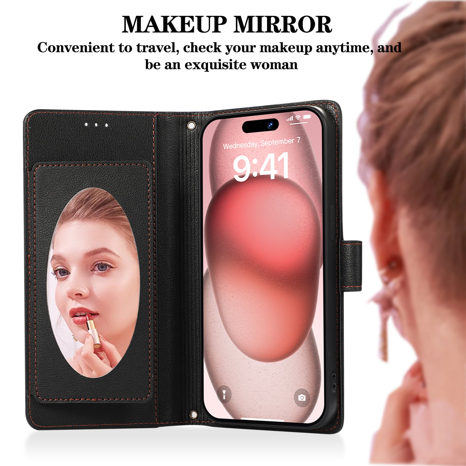 For iPhone 13 Pro 6.1 inch Cell Phone Case PU Leather Flip Cover with Mirror - Black