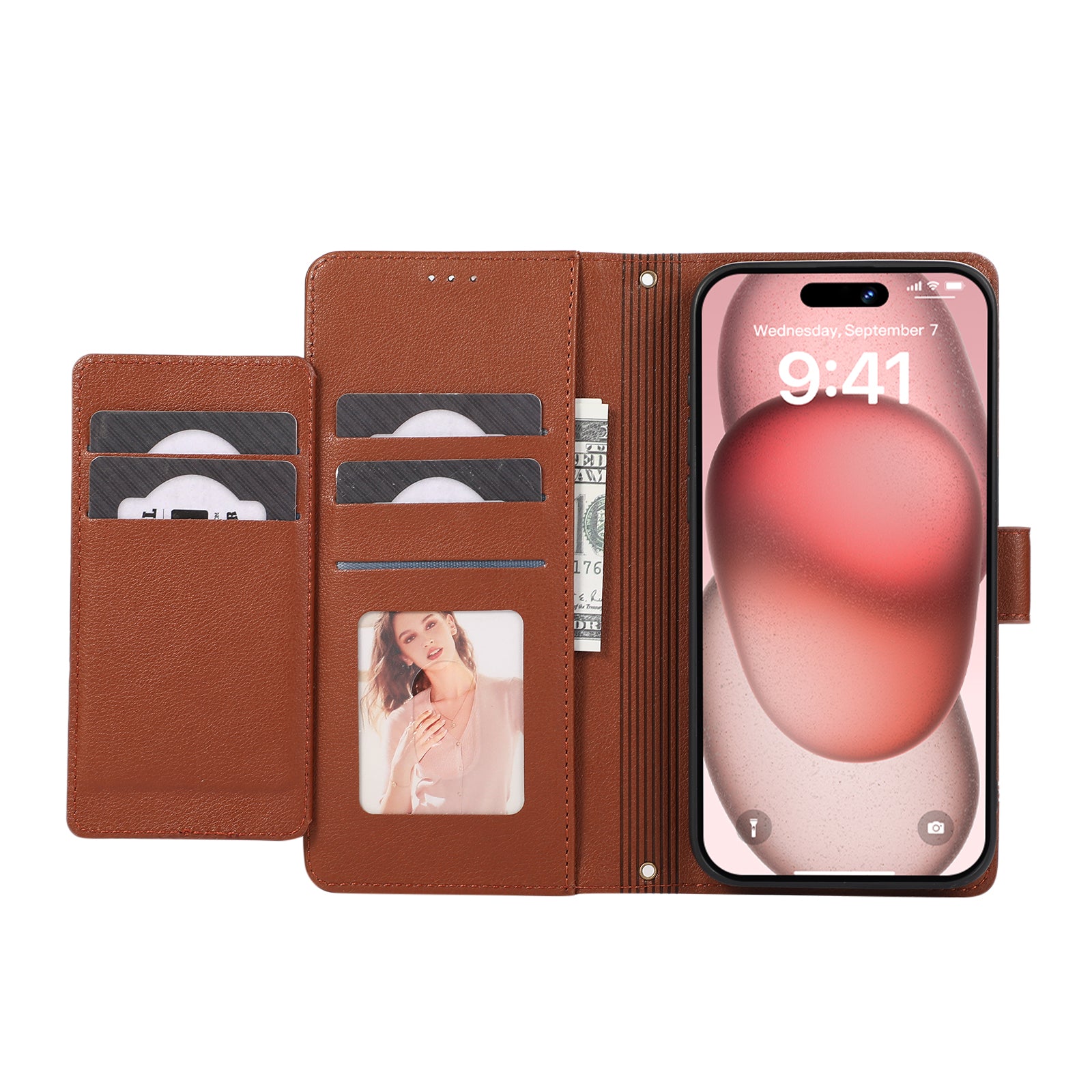 For iPhone 15 Pro Cell Phone Case Lines Imprinted PU Leather Cover with Mirror - Brown