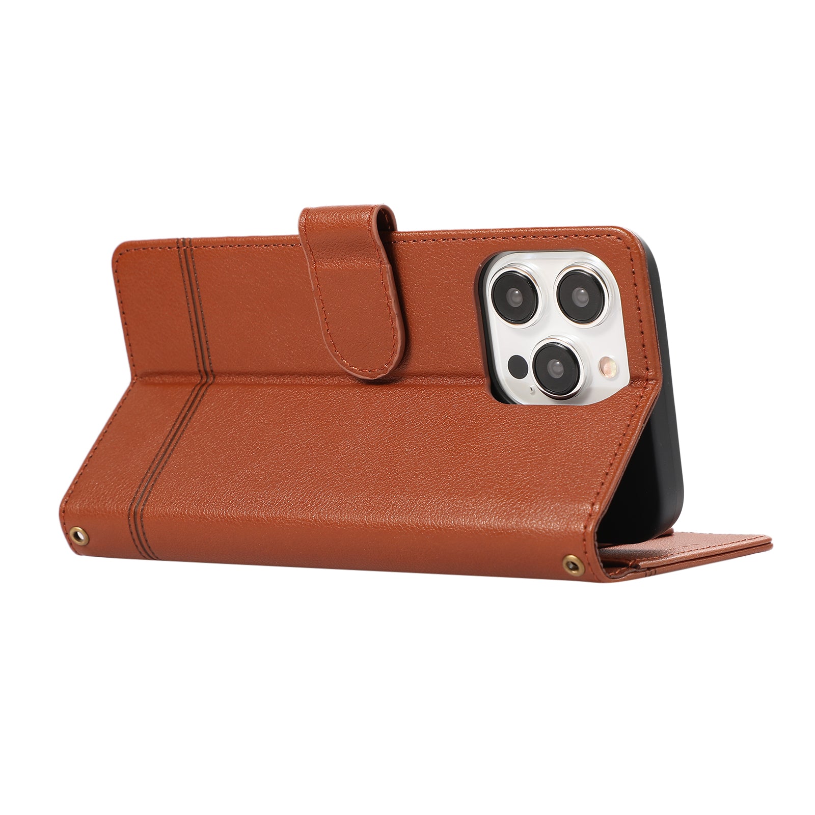For iPhone 15 Pro Cell Phone Case Lines Imprinted PU Leather Cover with Mirror - Brown