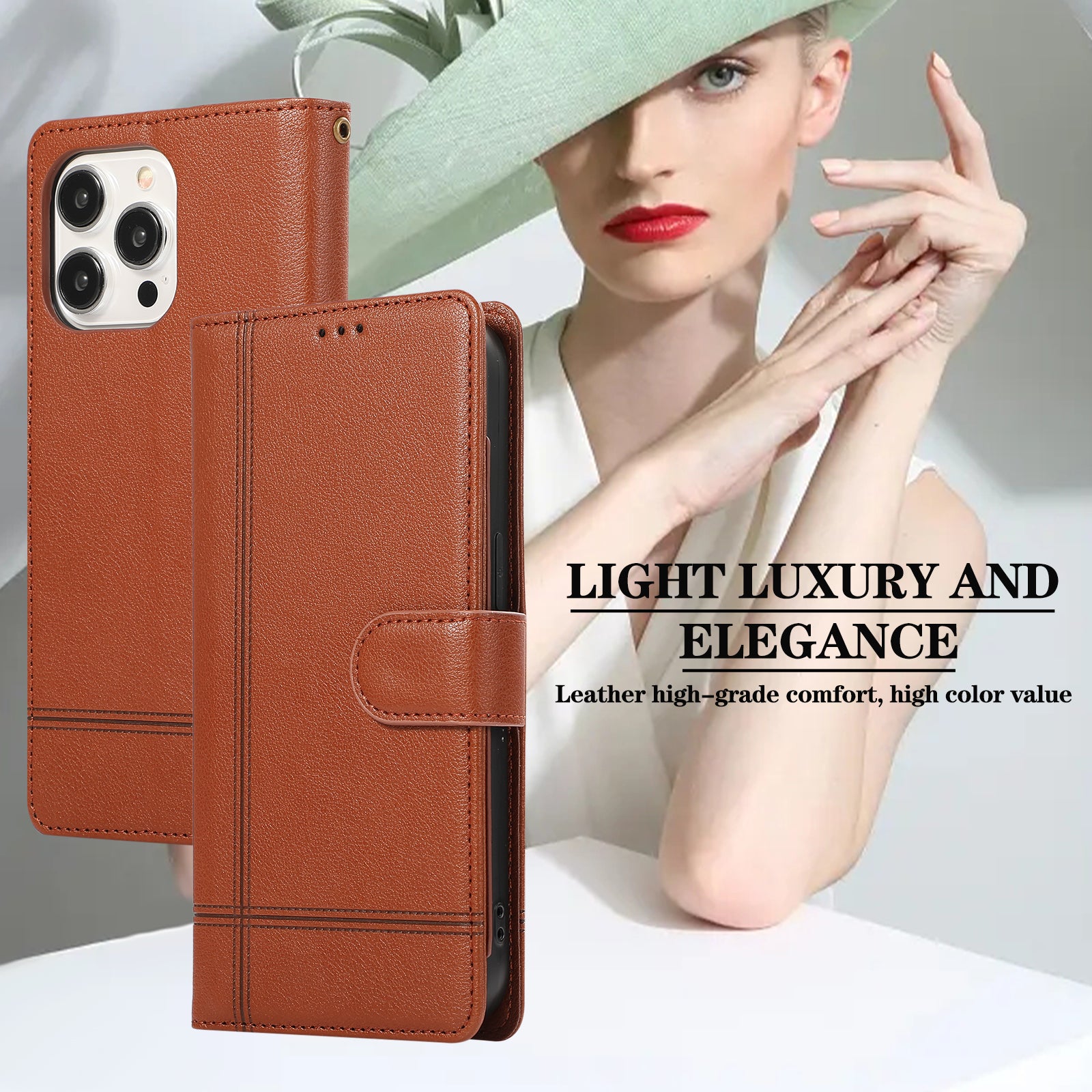For iPhone 15 Pro Cell Phone Case Lines Imprinted PU Leather Cover with Mirror - Brown