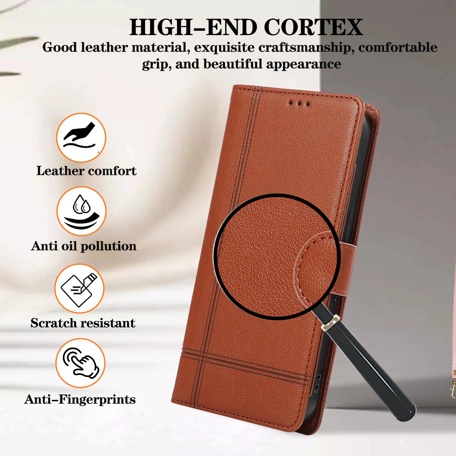 For iPhone 15 Pro Cell Phone Case Lines Imprinted PU Leather Cover with Mirror - Brown
