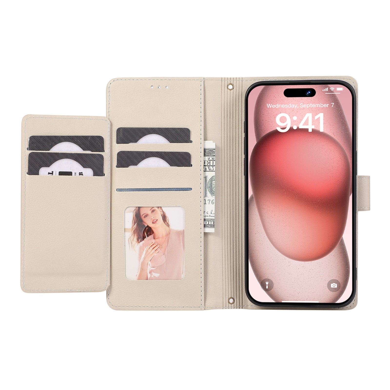 For iPhone 12 Pro Max Cell Phone Case PU Leather Stand Cover with Mirror - Beige