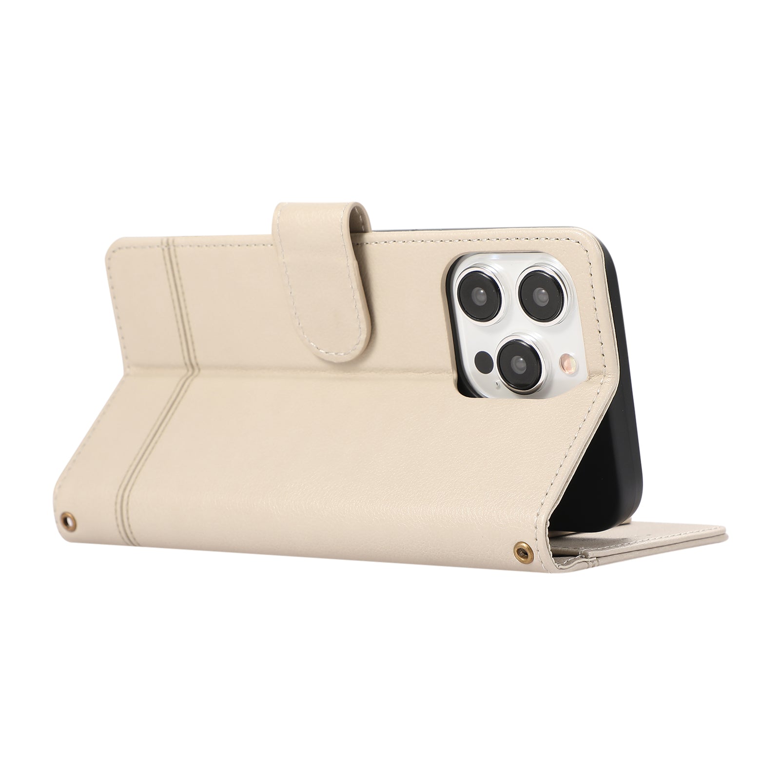 For iPhone 12 Pro Max Cell Phone Case PU Leather Stand Cover with Mirror - Beige