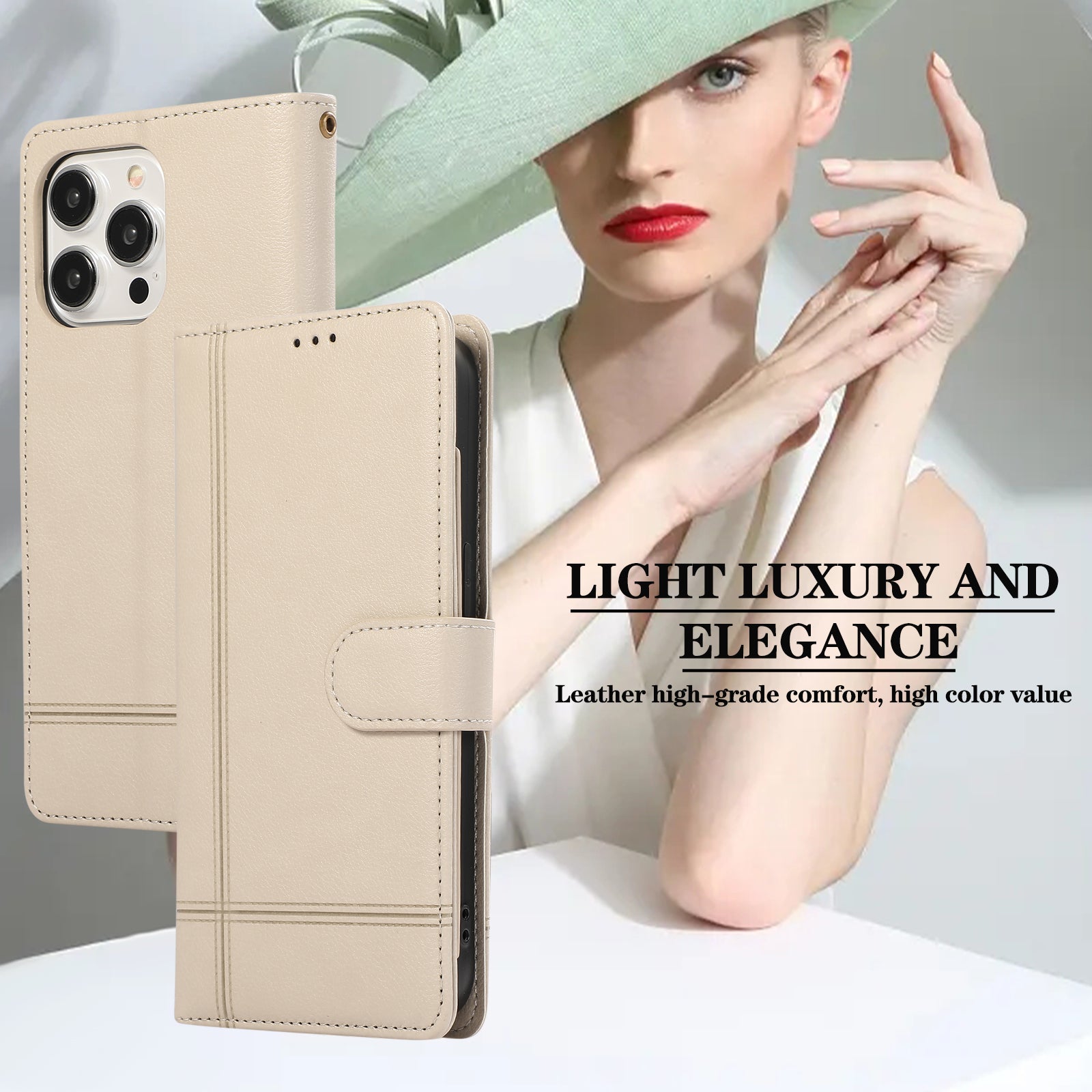 For iPhone 12 Pro Max Cell Phone Case PU Leather Stand Cover with Mirror - Beige