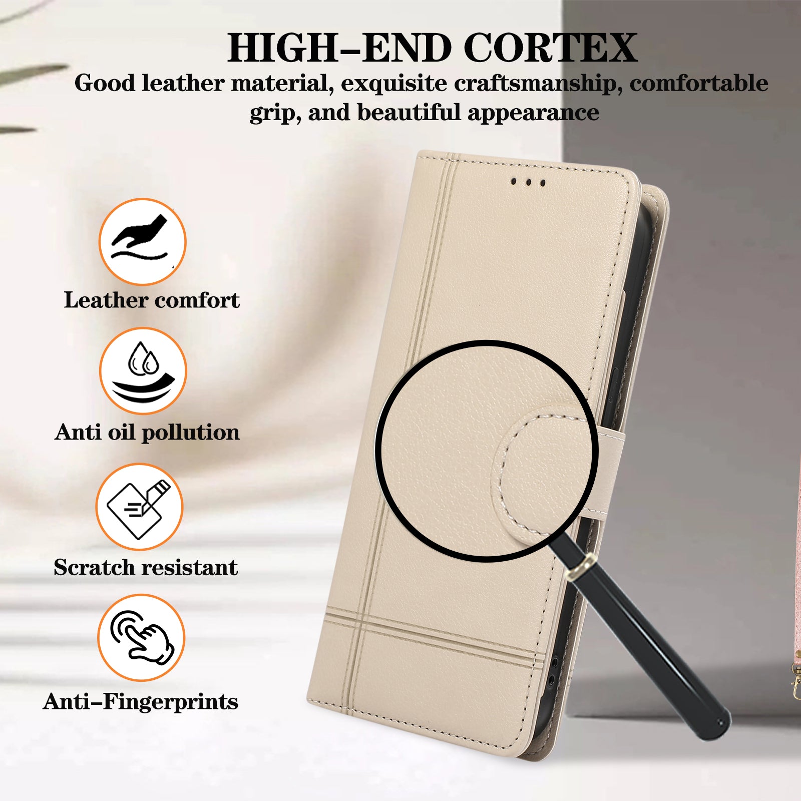 For iPhone 12 Pro Max Cell Phone Case PU Leather Stand Cover with Mirror - Beige