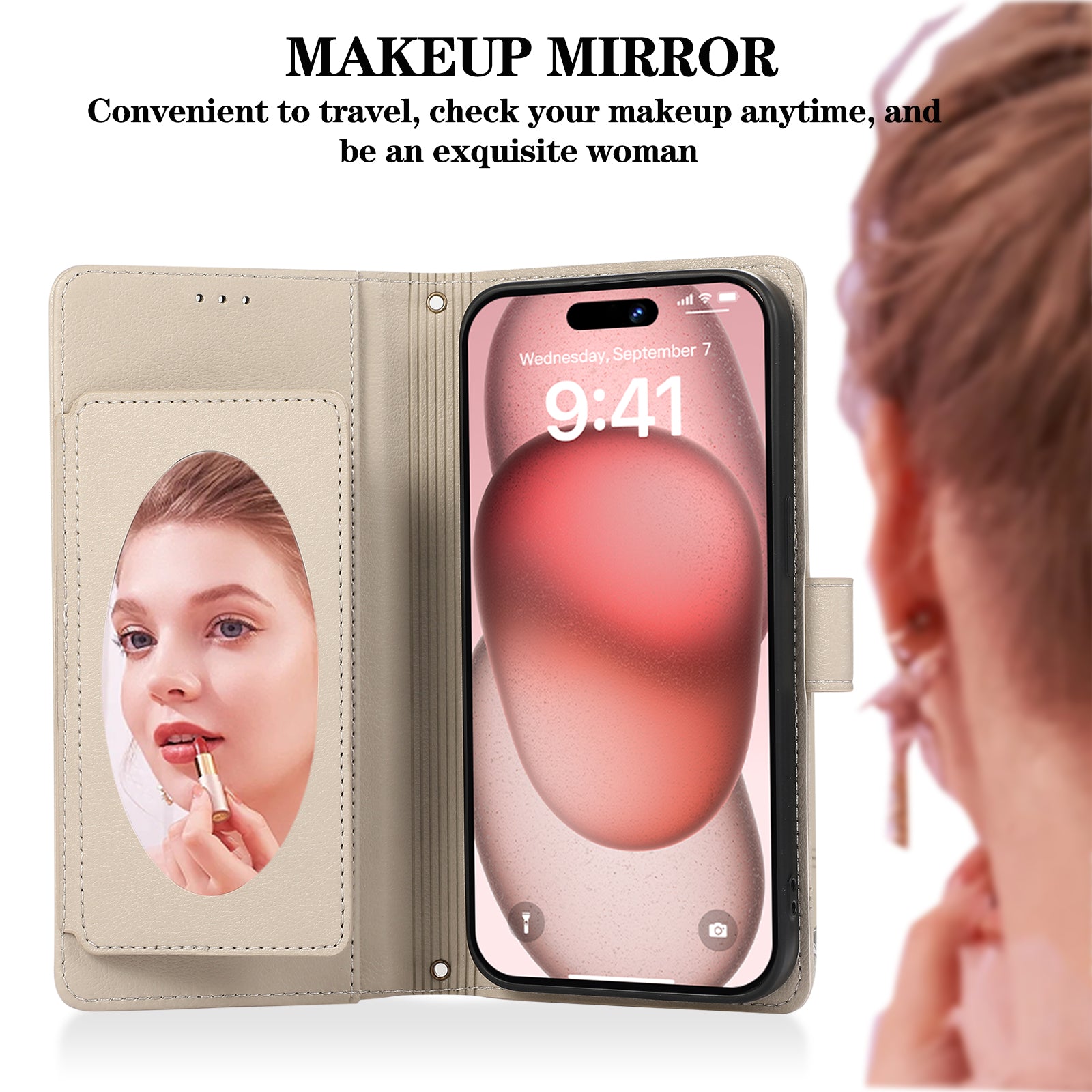 For iPhone 12 Pro Max Cell Phone Case PU Leather Stand Cover with Mirror - Beige