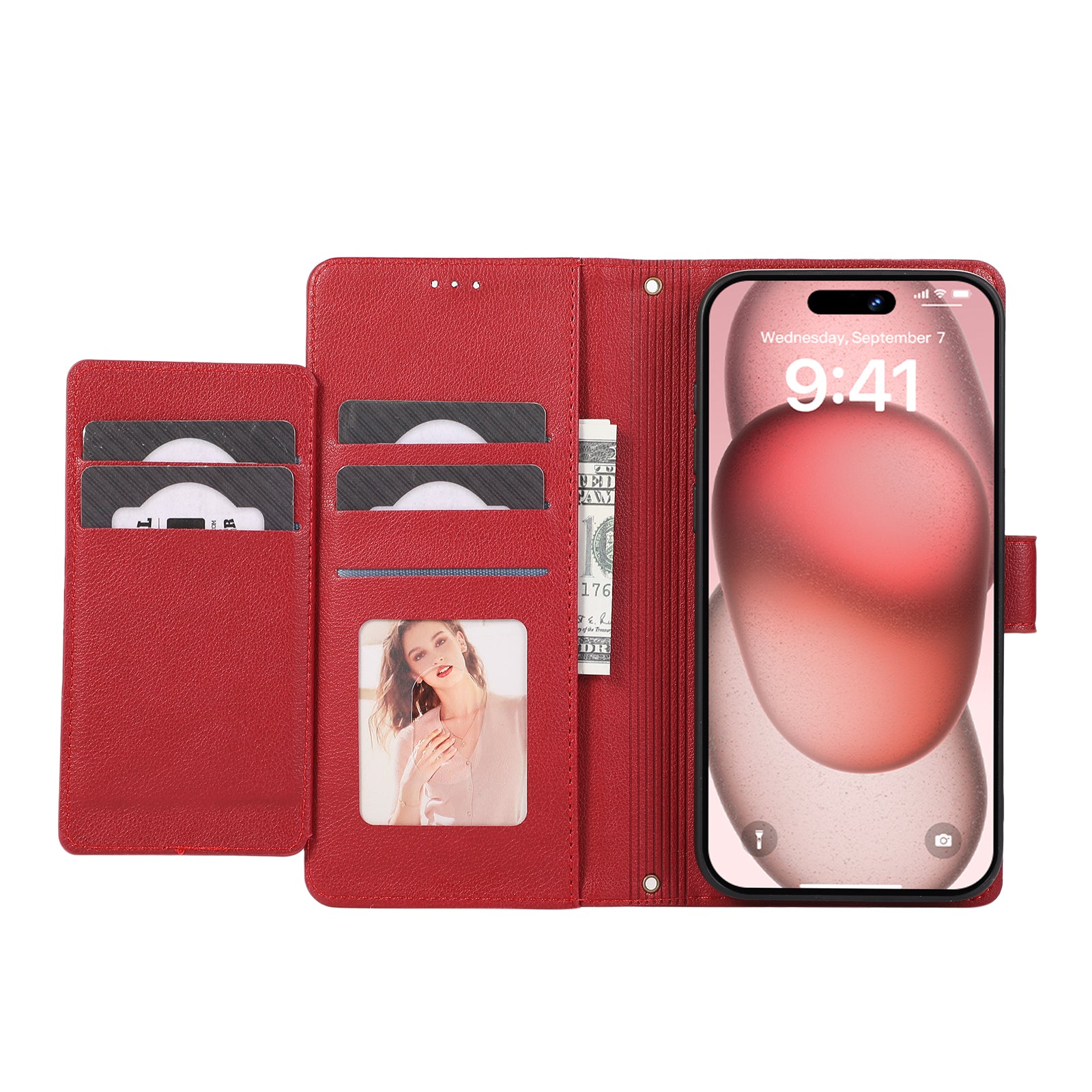 For iPhone 14 Pro Cell Phone Case Lines Imprinted Anti-drop Leather Cover with Mirror - Red