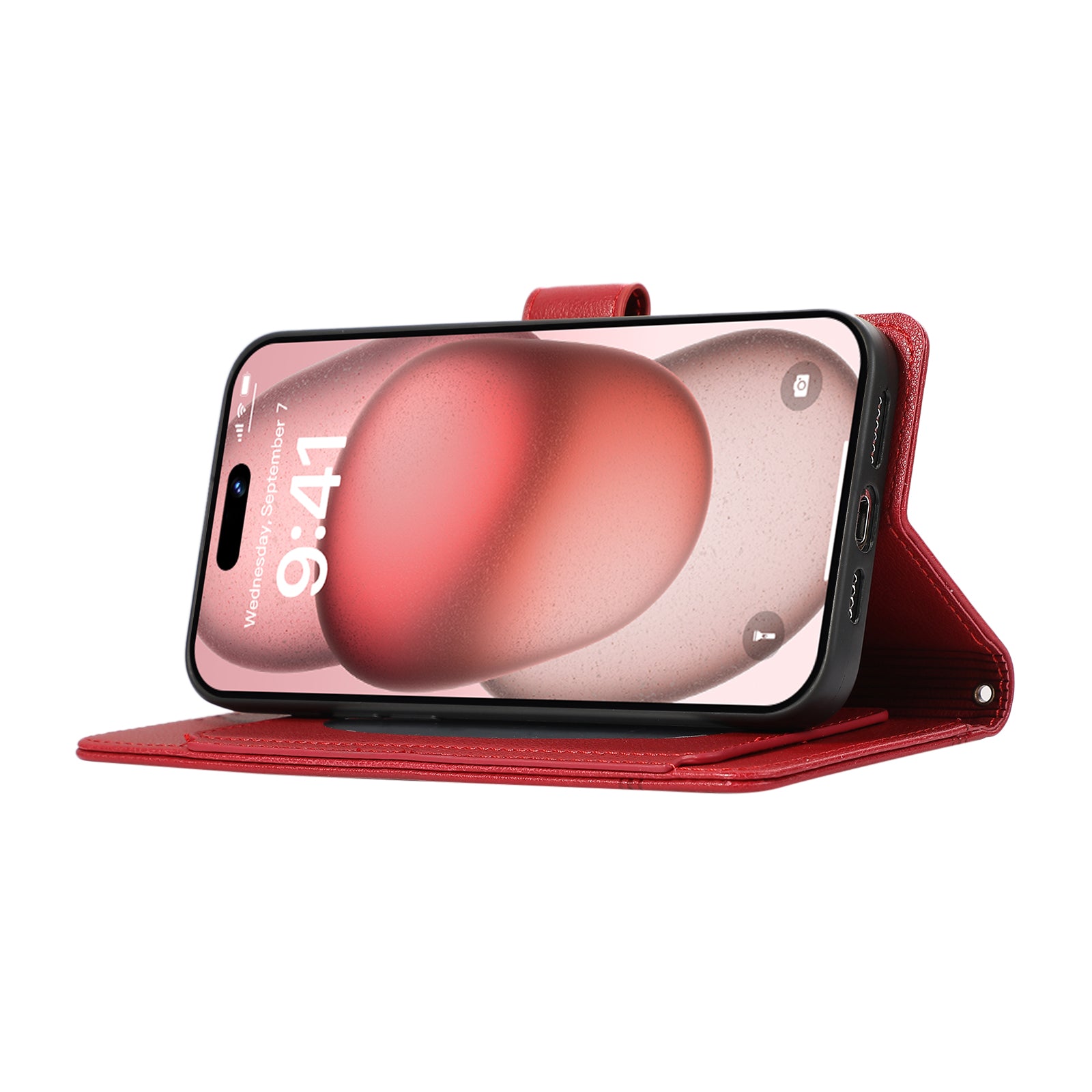 For iPhone 14 Pro Cell Phone Case Lines Imprinted Anti-drop Leather Cover with Mirror - Red